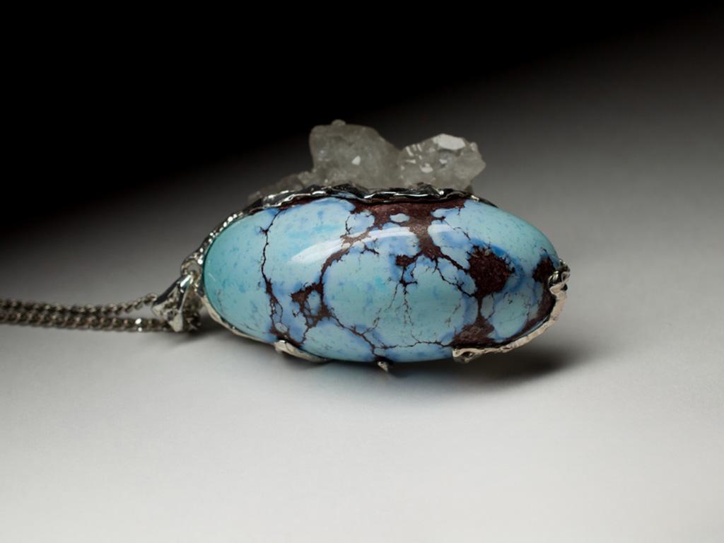 Big Turquoise Silver Pendant Mint Blue Pattern Oval In New Condition For Sale In Berlin, DE