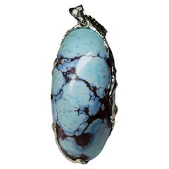 Big Turquoise Silver Pendant Mint Blue Pattern Oval