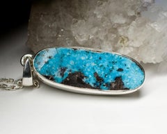 Big Turquoise Silver Pendant Oval Bright Blue Color Azure Gemstone raw