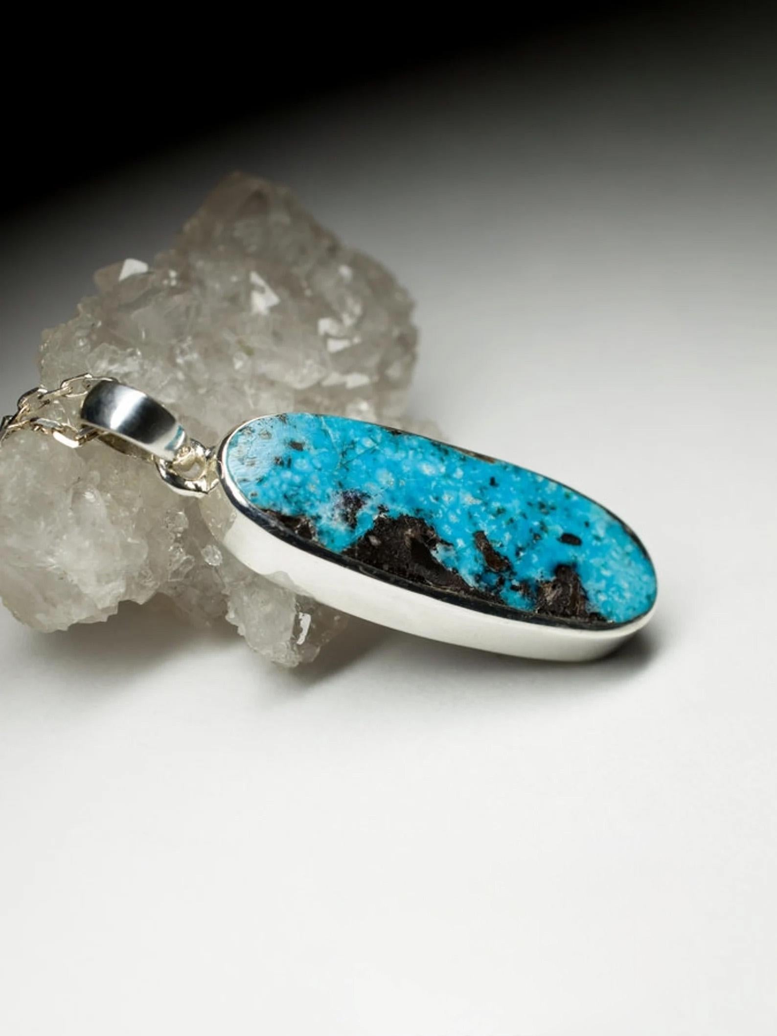 da uomo o donna Grande ciondolo d'argento turchese ovale di colore blu brillante Gemma azzurra grezza in vendita