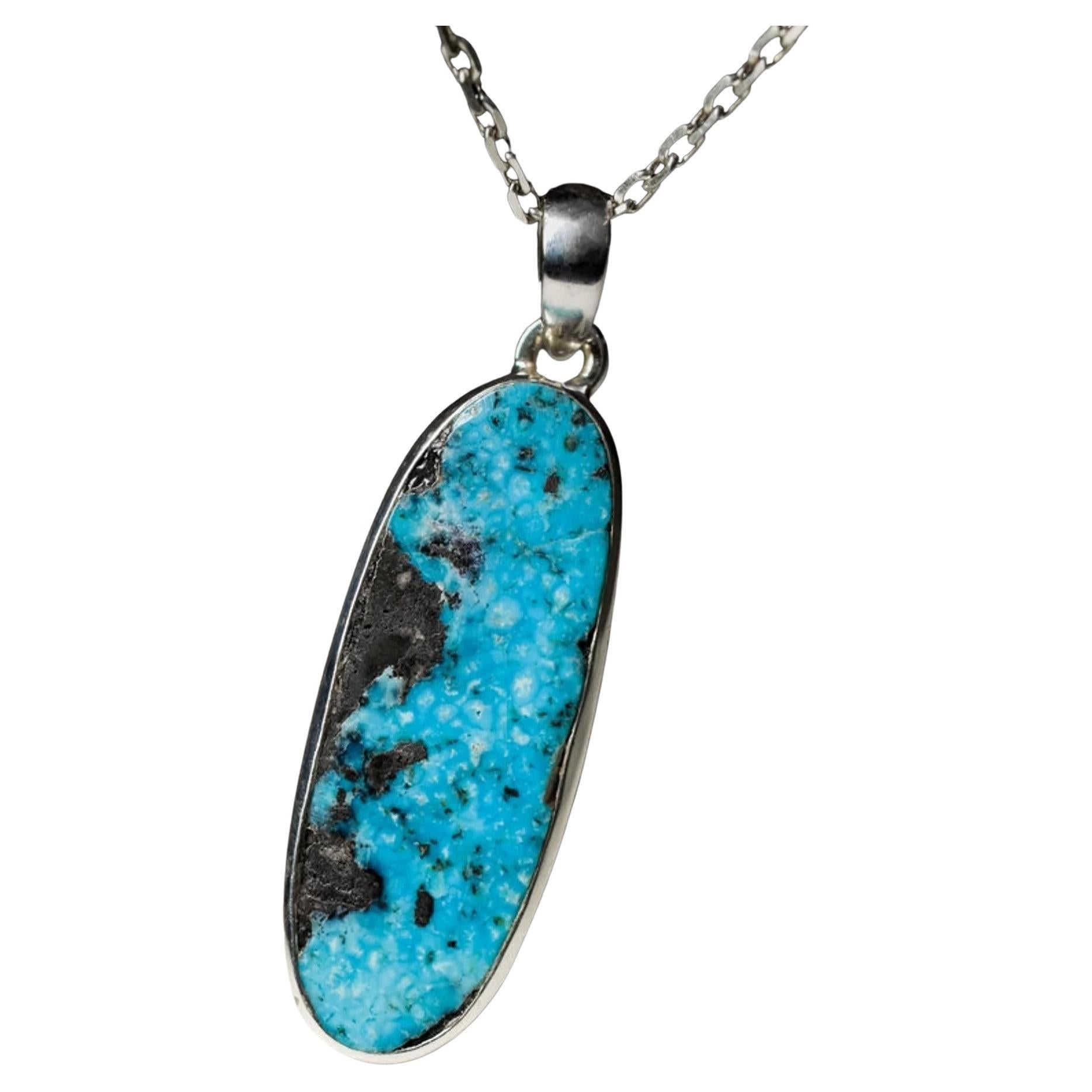 Grande ciondolo d'argento turchese ovale di colore blu brillante Gemma azzurra grezza