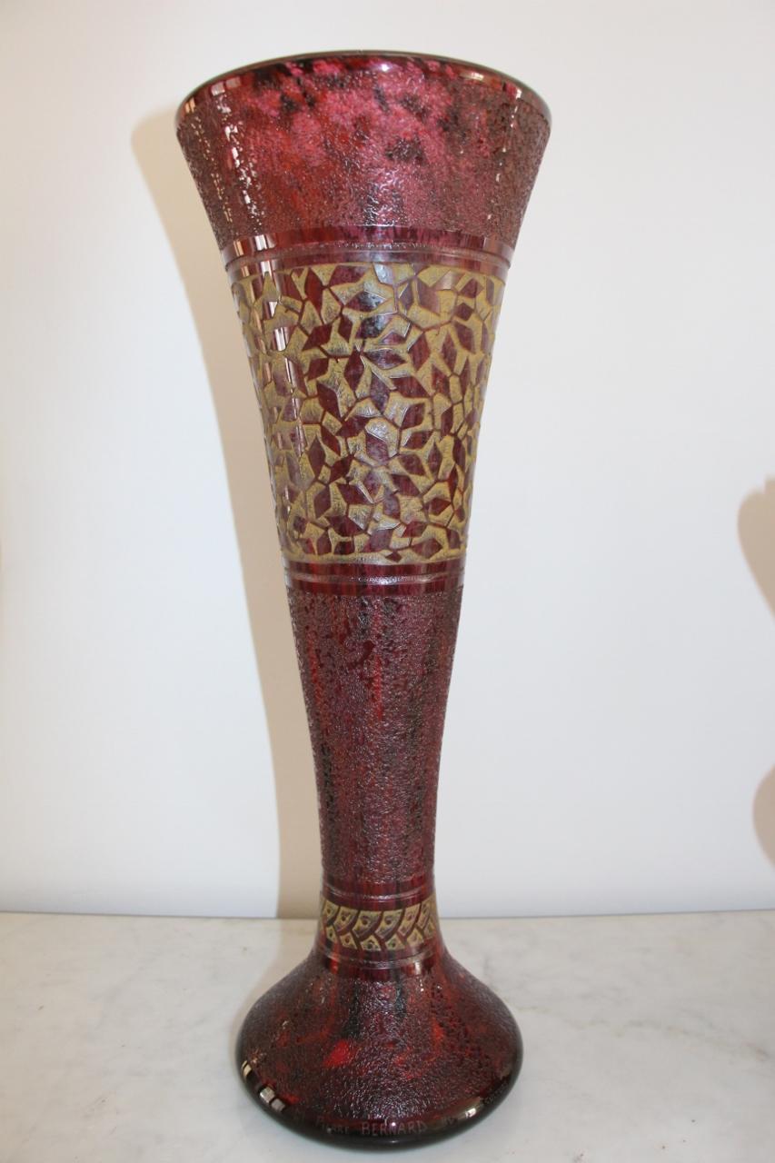 Art Glass Big Vase Engraved Art Deco Daum Nancy Dedication