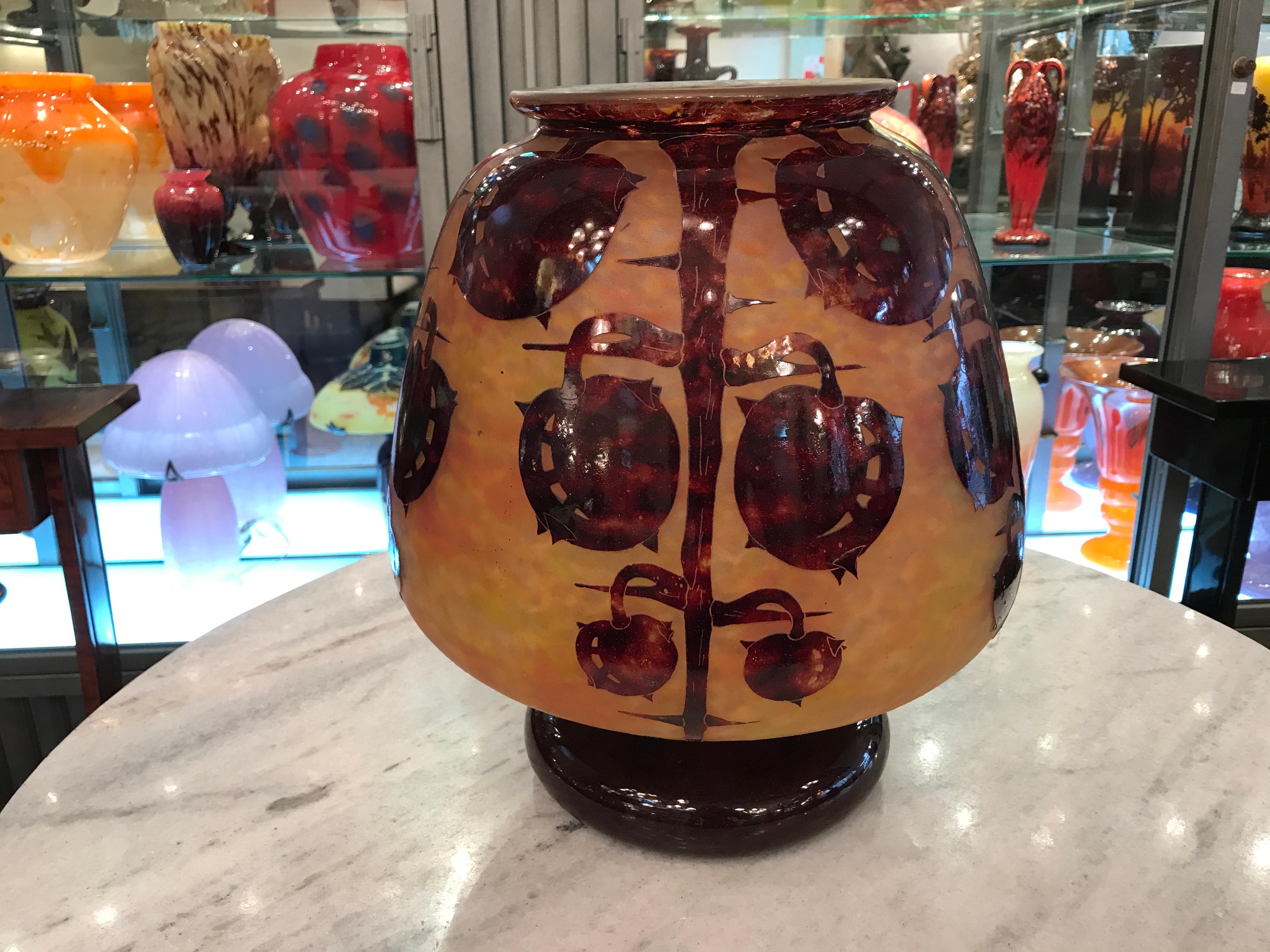 Early 20th Century Big Vase Sign: Le Verre Francais ( Decoration Marrons ) Style: Art Nouveau For Sale
