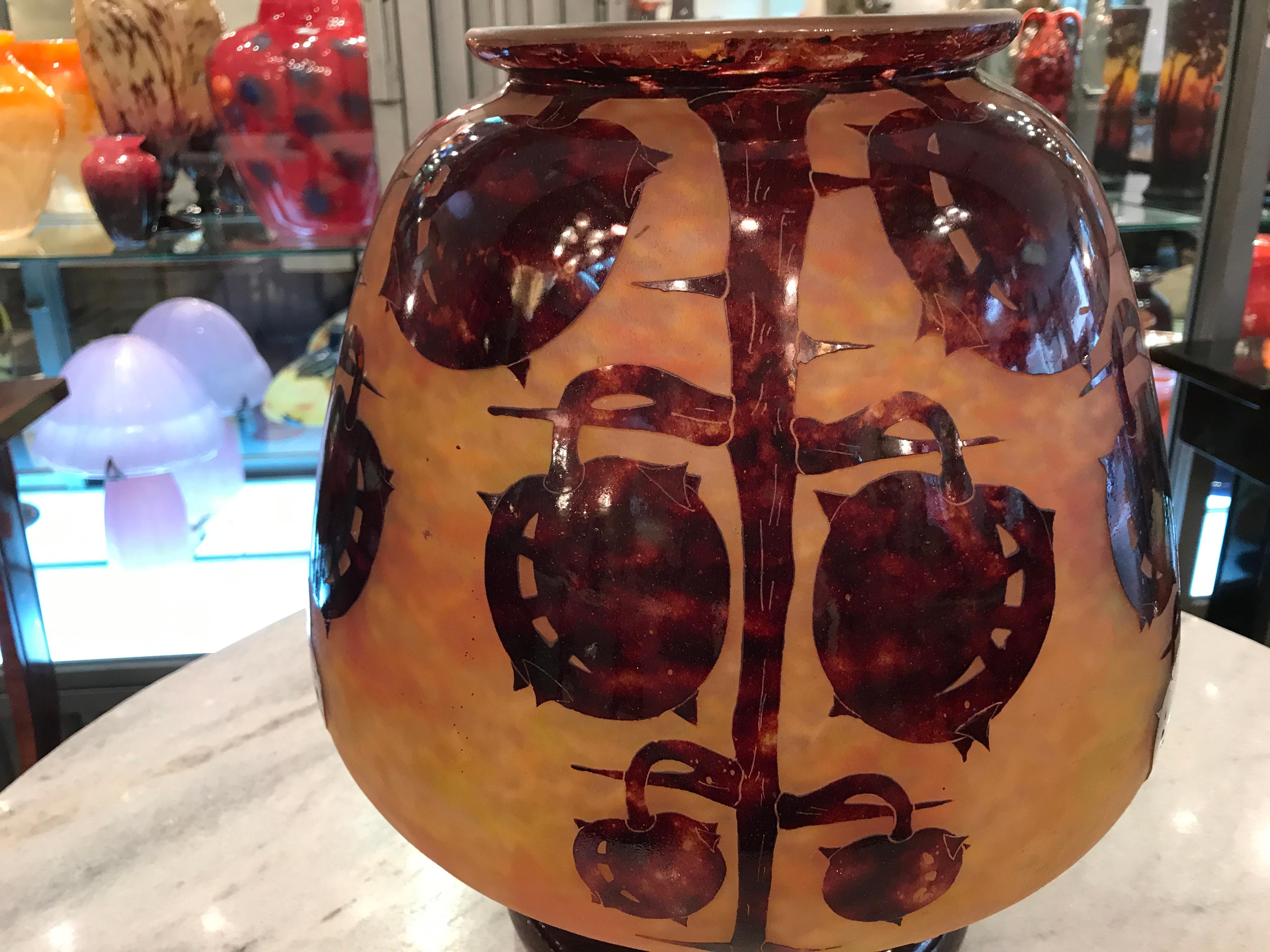 Art Glass  Big Vase Sign: Le Verre Francais ( Decoration Marrons ) Style: Art Nouveau For Sale