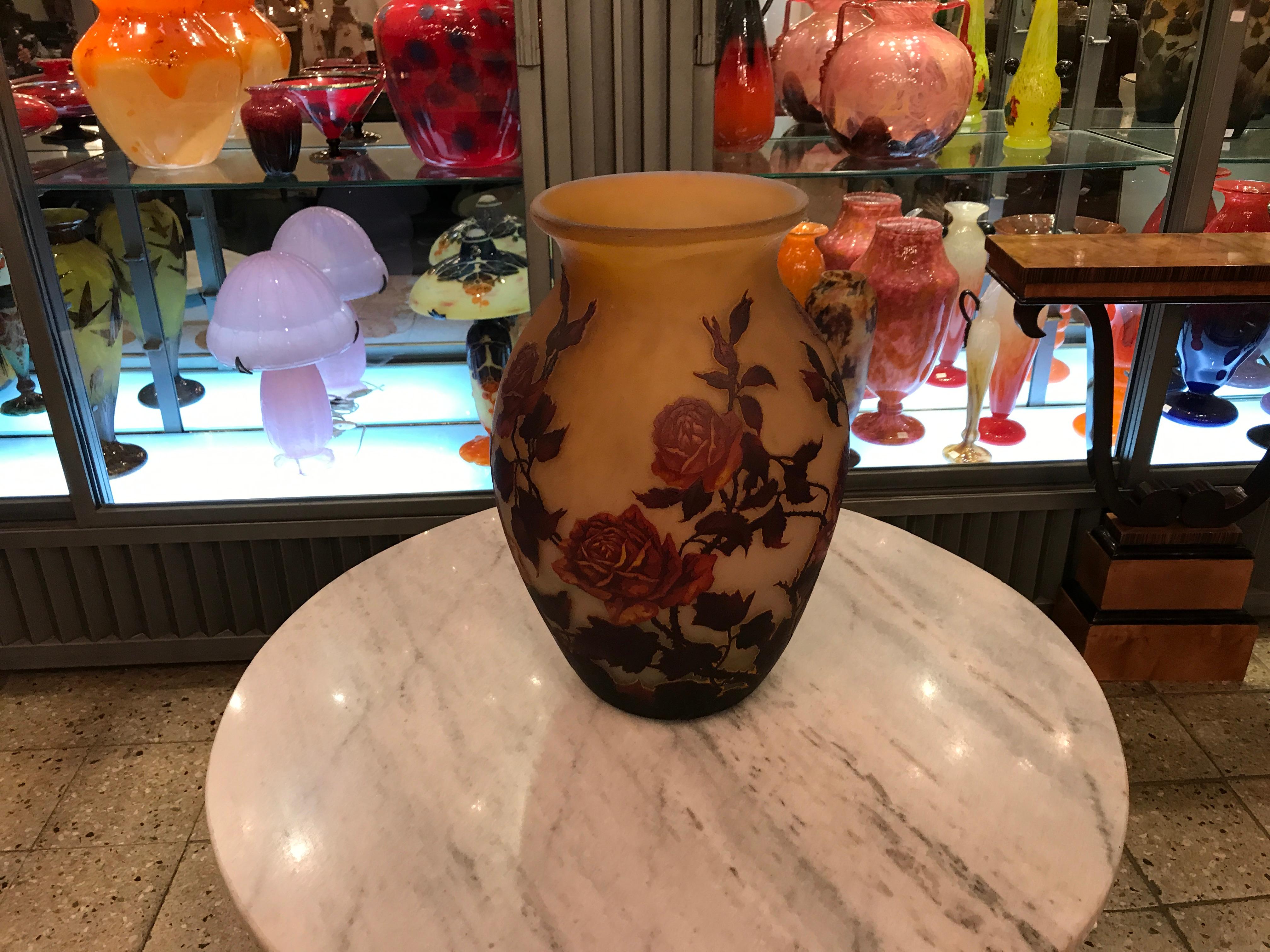 Early 20th Century Big Vase, Sign: Muller Freres Luneville, (Roses Flowers) Jugendstil, Art Nouveau For Sale
