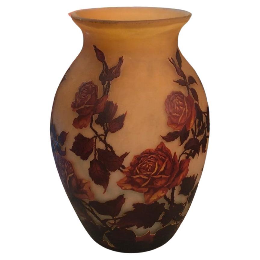 Big Vase, Sign: Muller Freres Luneville, (Roses Flowers) Jugendstil, Art Nouveau For Sale