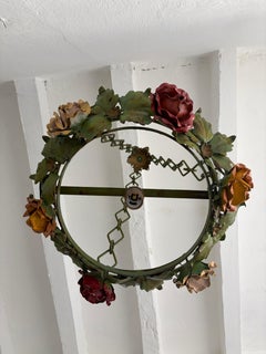 Big Vibrant Roses & Leaves Circular Tole Wrought Iron Chandelier, c 1930