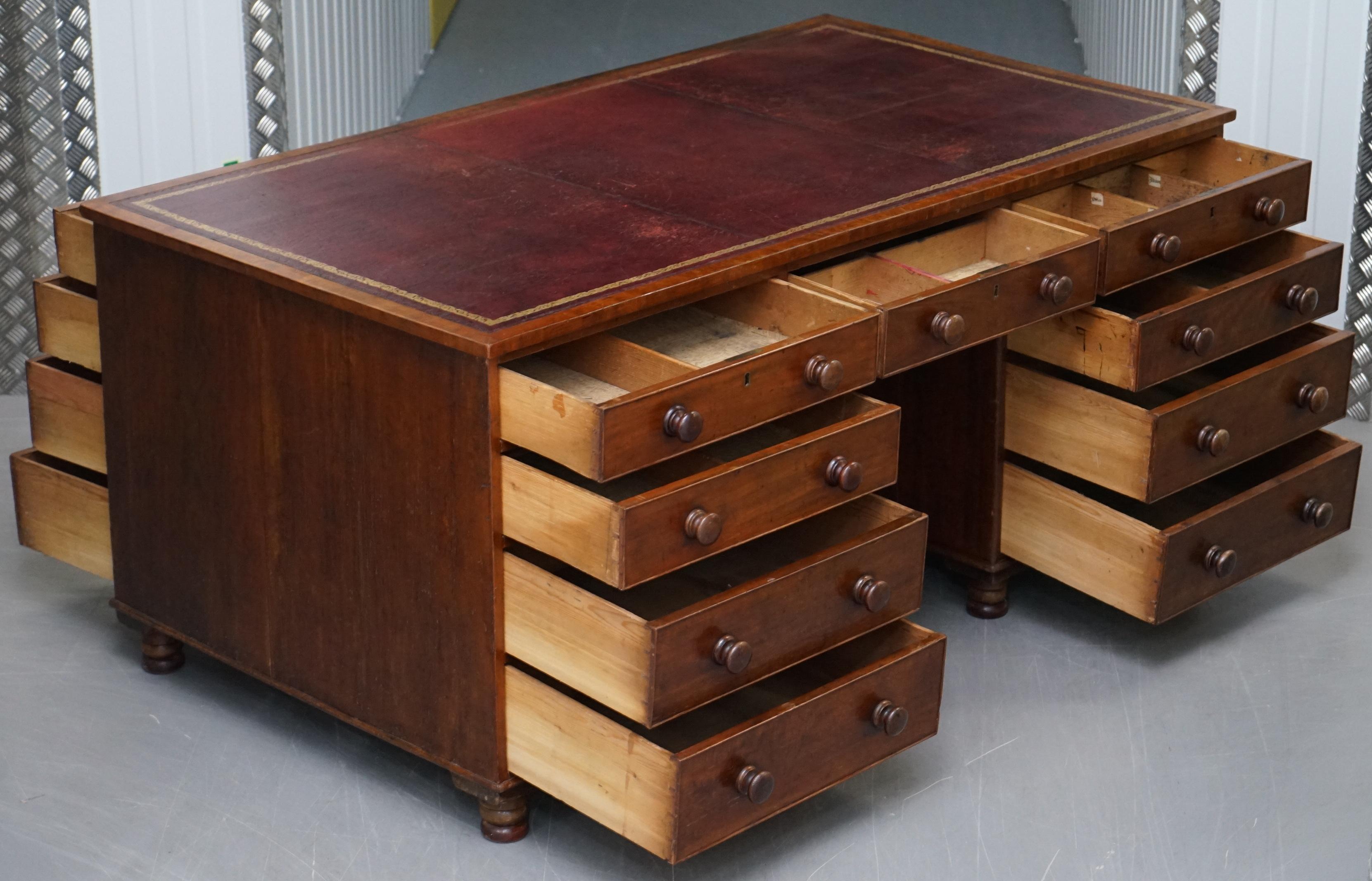 Big Victorian 18-Drawer Double Sided Twin Pedestal Partner Desk Oxblood Leather 5