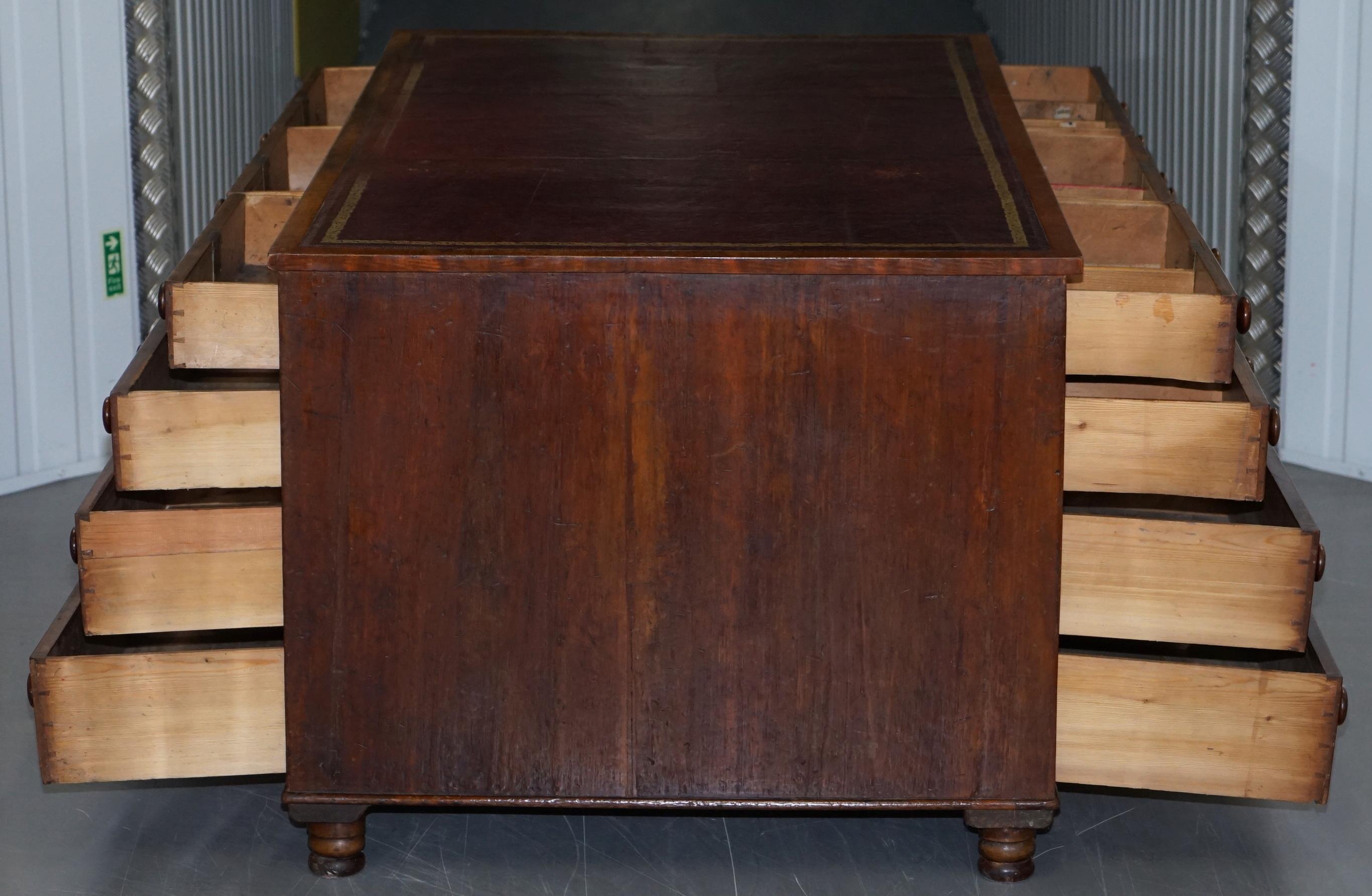 Big Victorian 18-Drawer Double Sided Twin Pedestal Partner Desk Oxblood Leather 6