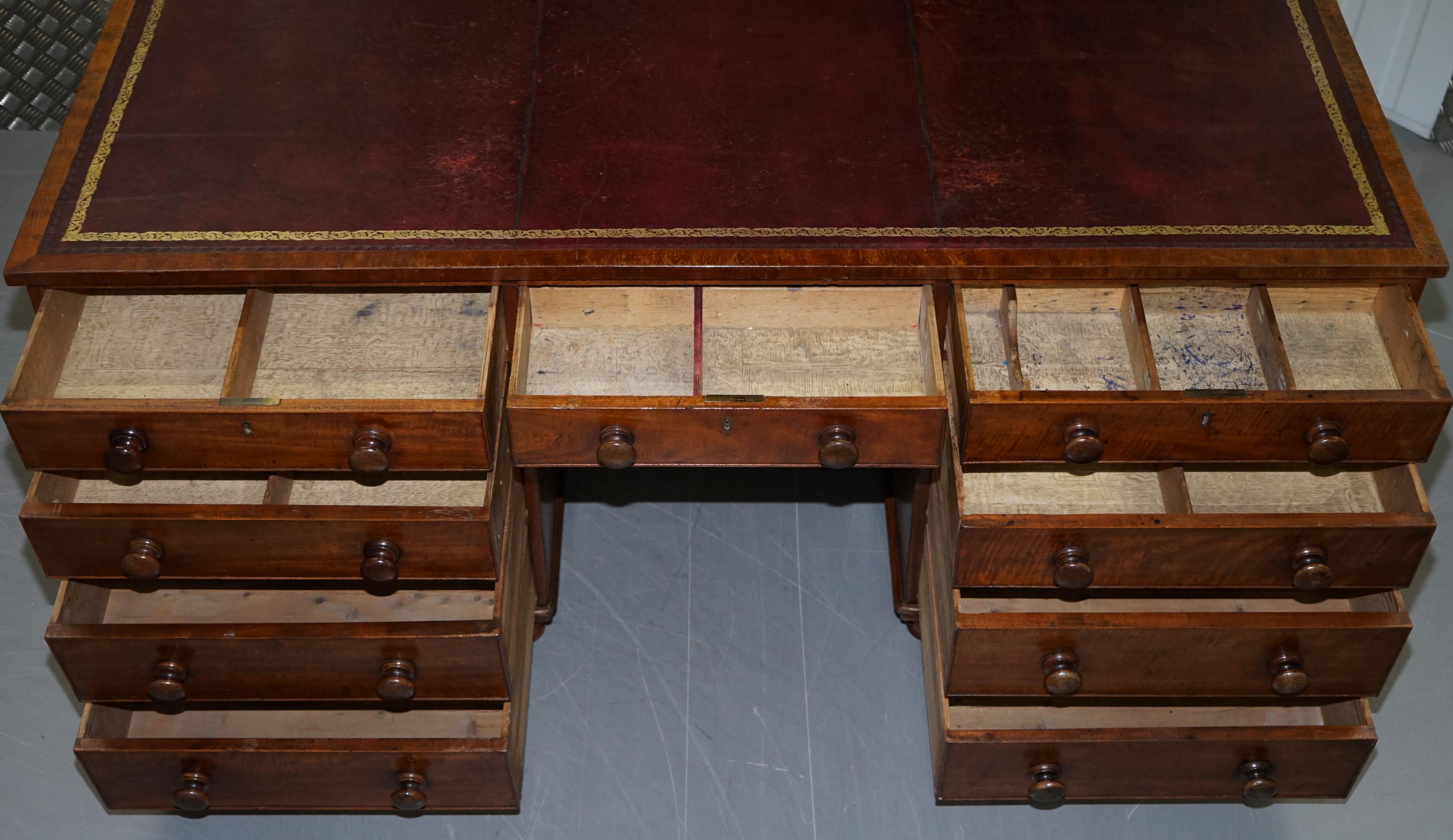 Big Victorian 18-Drawer Double Sided Twin Pedestal Partner Desk Oxblood Leather 9