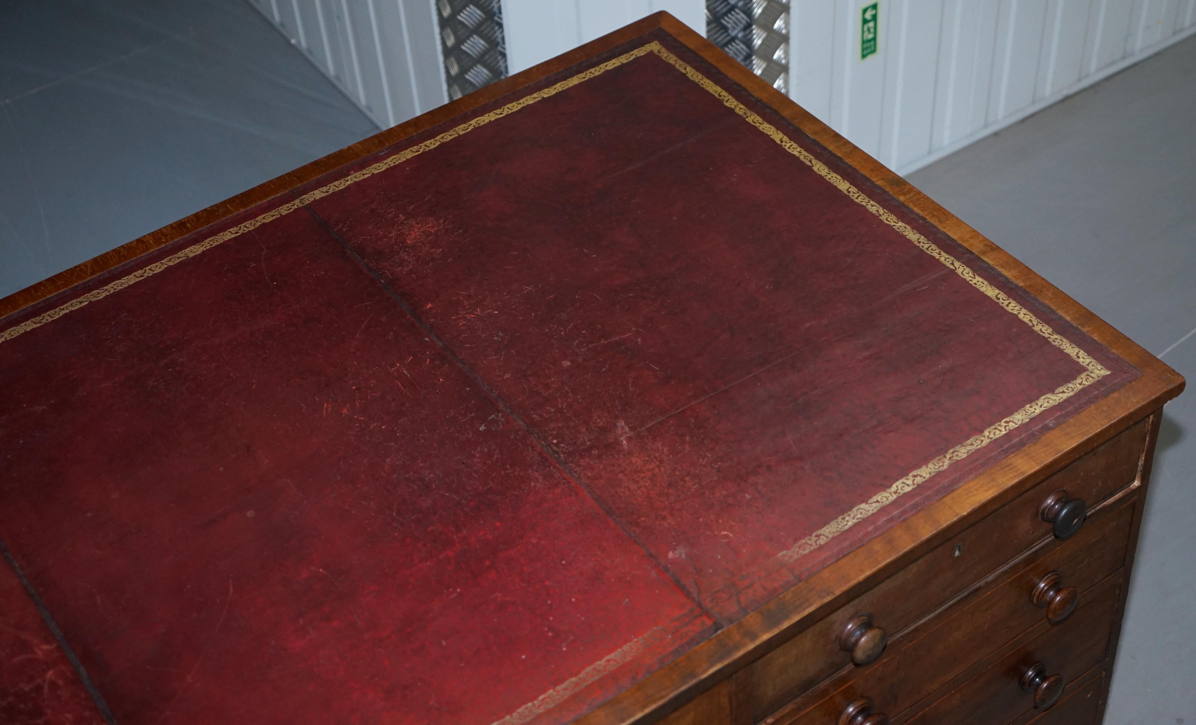 English Big Victorian 18-Drawer Double Sided Twin Pedestal Partner Desk Oxblood Leather