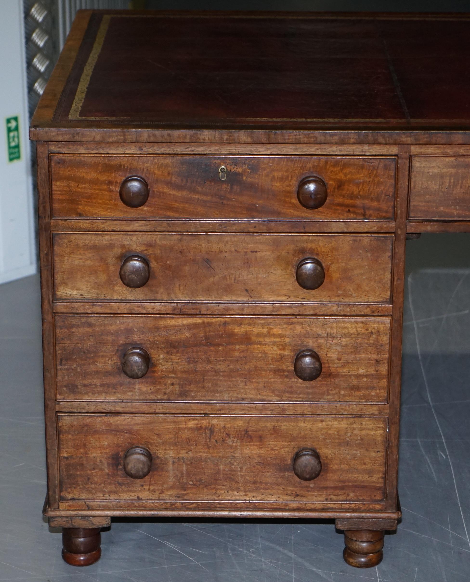 Hand-Carved Big Victorian 18-Drawer Double Sided Twin Pedestal Partner Desk Oxblood Leather