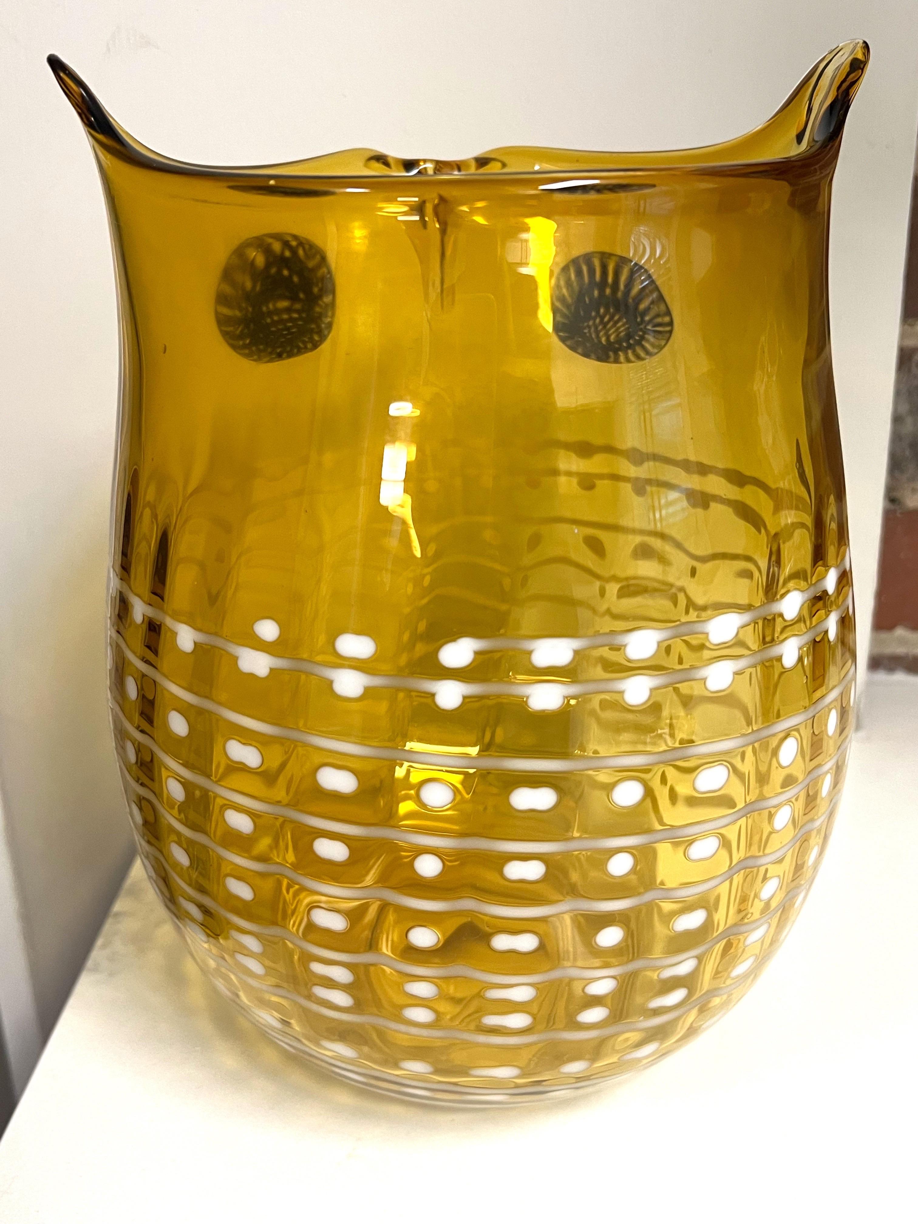 Big Vintage 1970s Blenko Art Glass Modernist Owl Design Vase For Sale 1