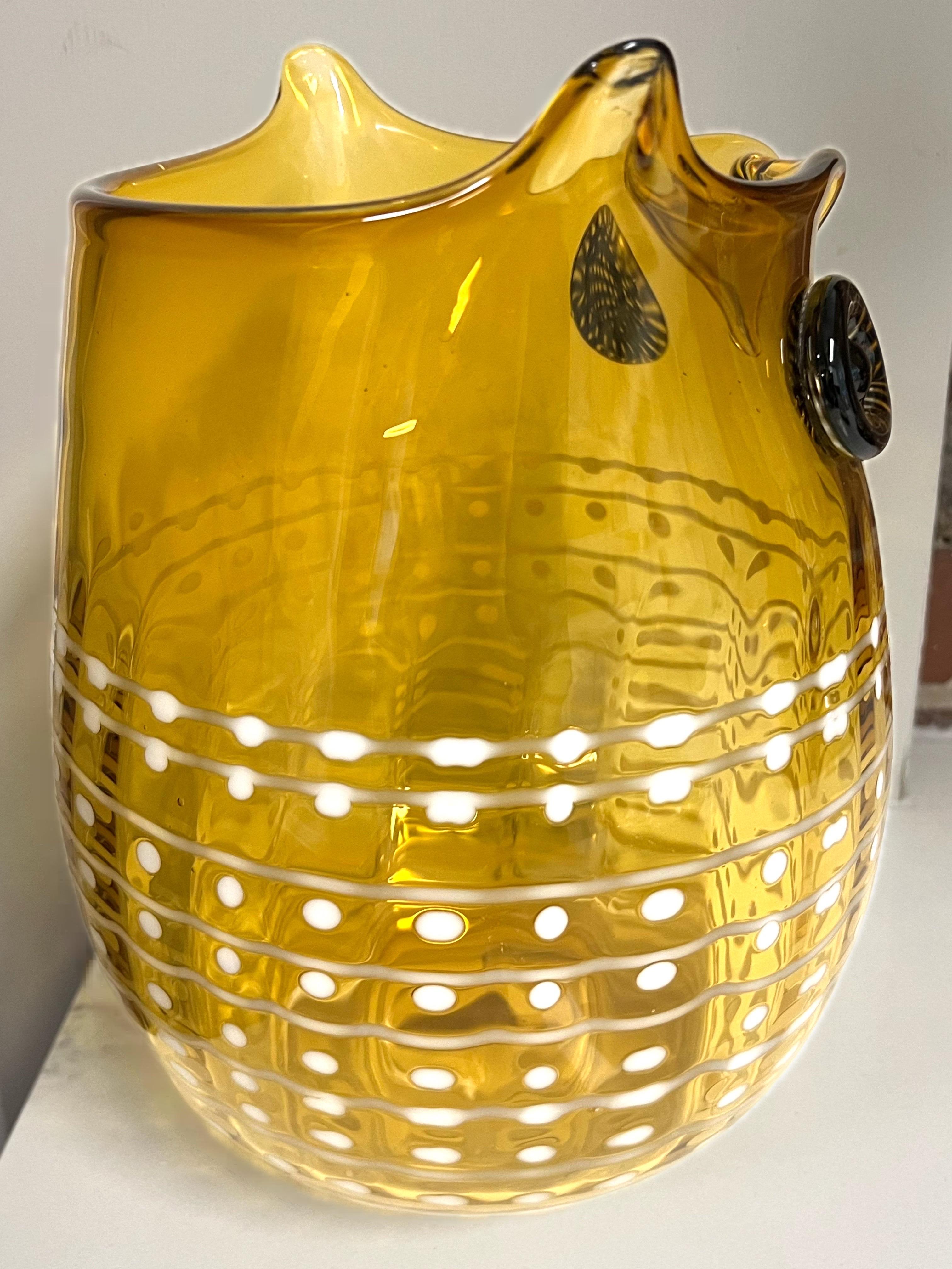 Big Vintage 1970s Blenko Art Glass Modernist Owl Design Vase For Sale 1