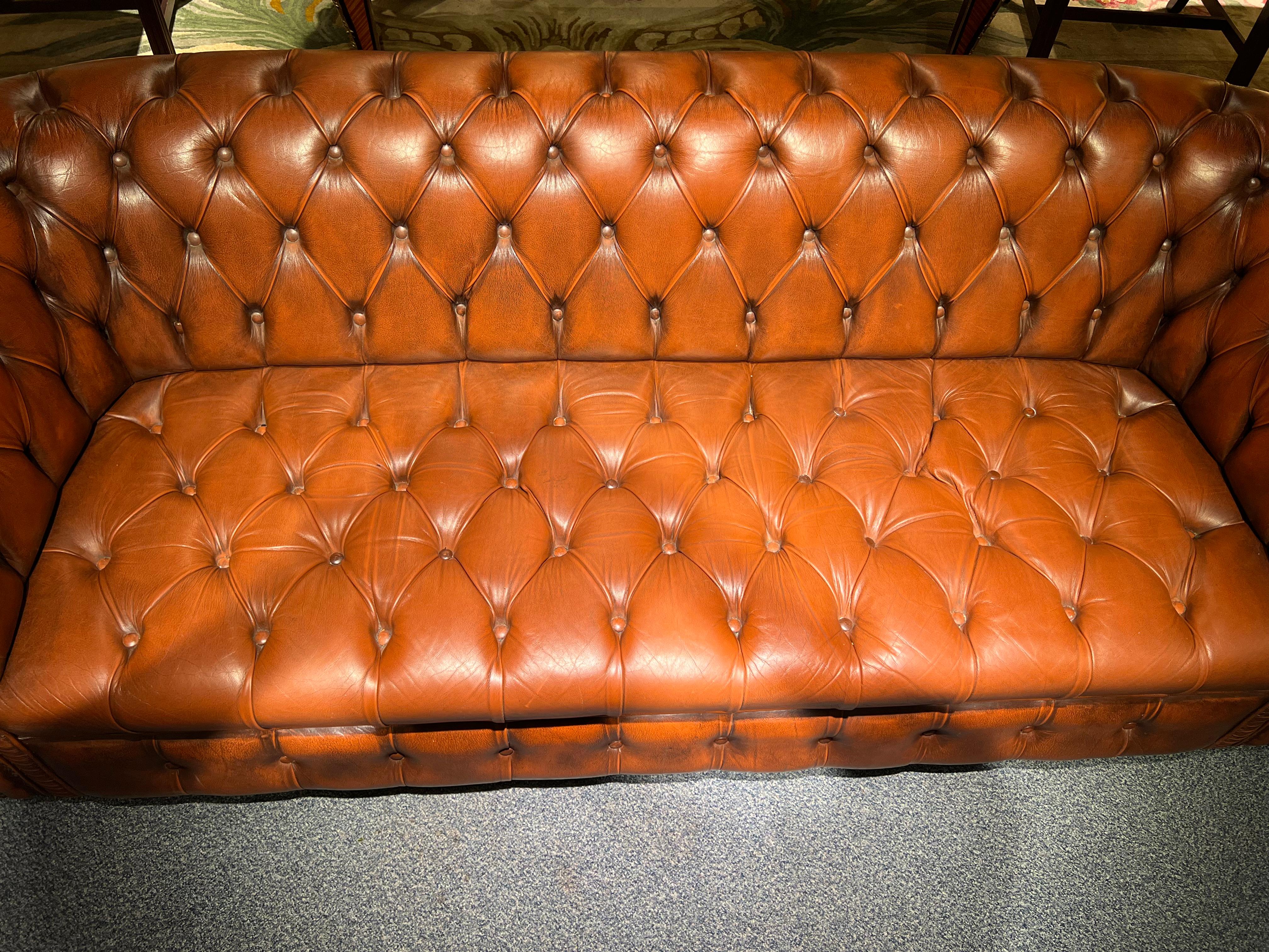 Big Vintage 20th Century Brown Leather Chesterfield Sofa with Button Down Seat 8