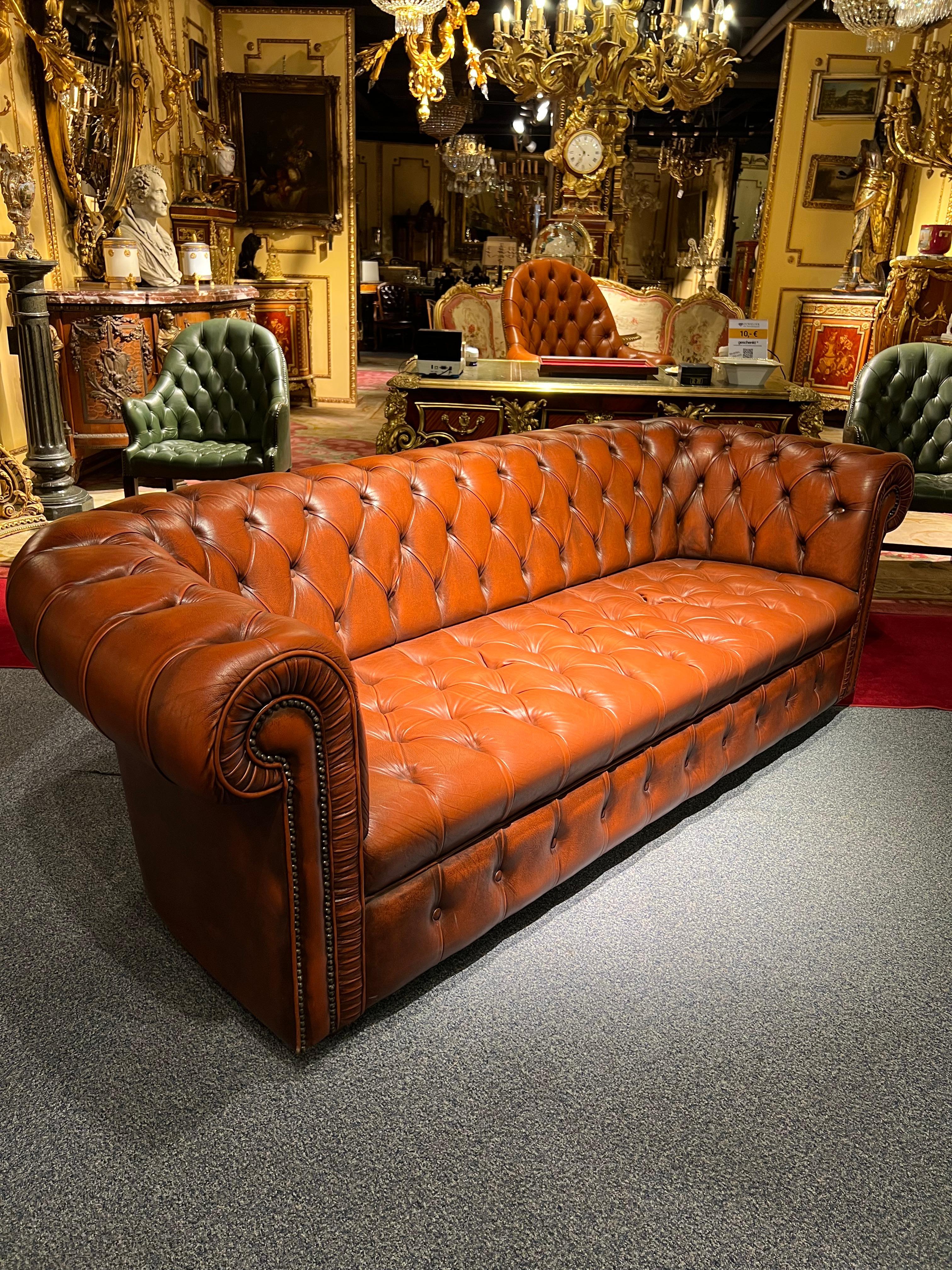 Big Vintage 20th Century Brown Leather Chesterfield Sofa with Button Down Seat 15