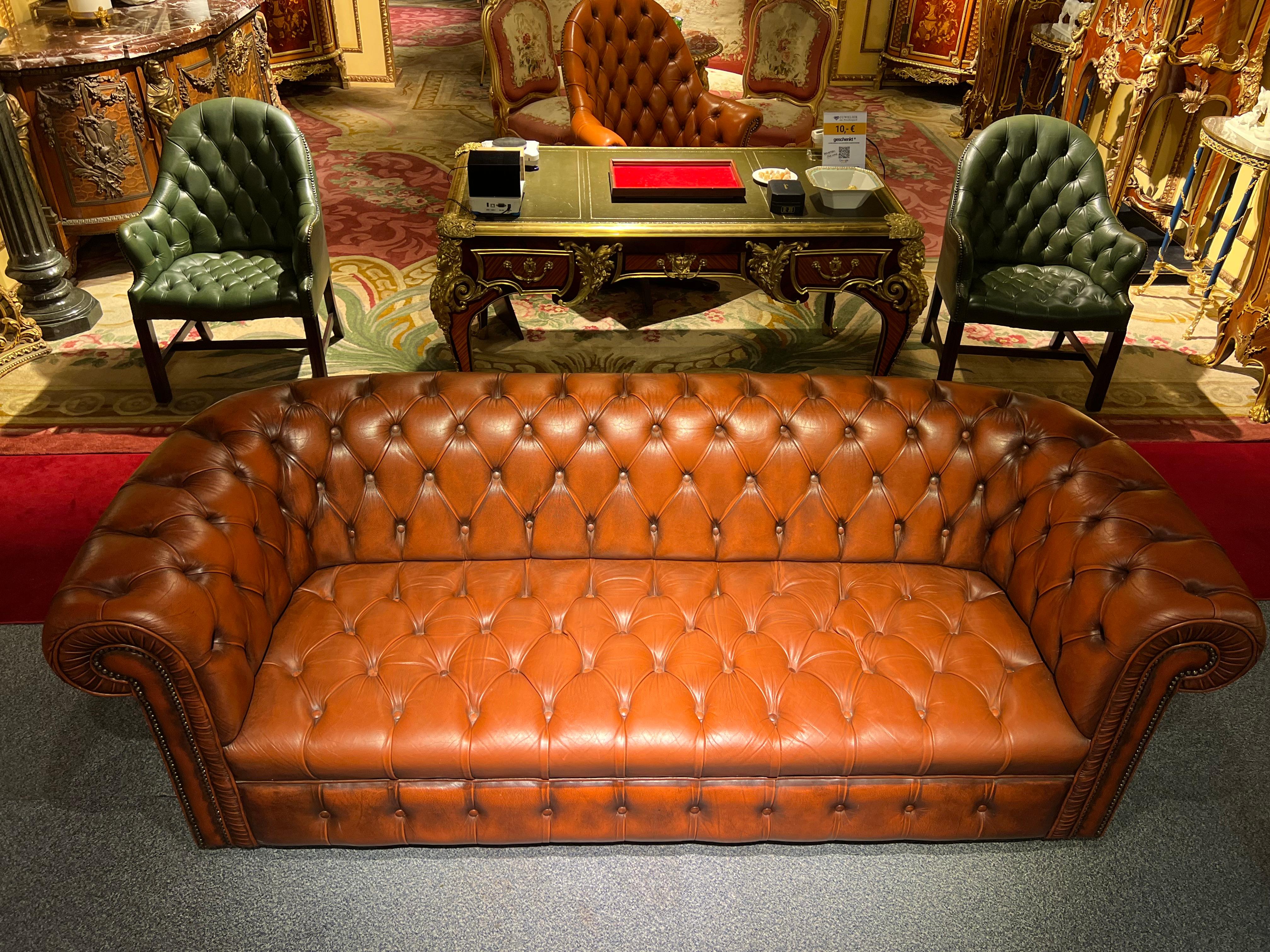 English Big Vintage 20th Century Brown Leather Chesterfield Sofa with Button Down Seat