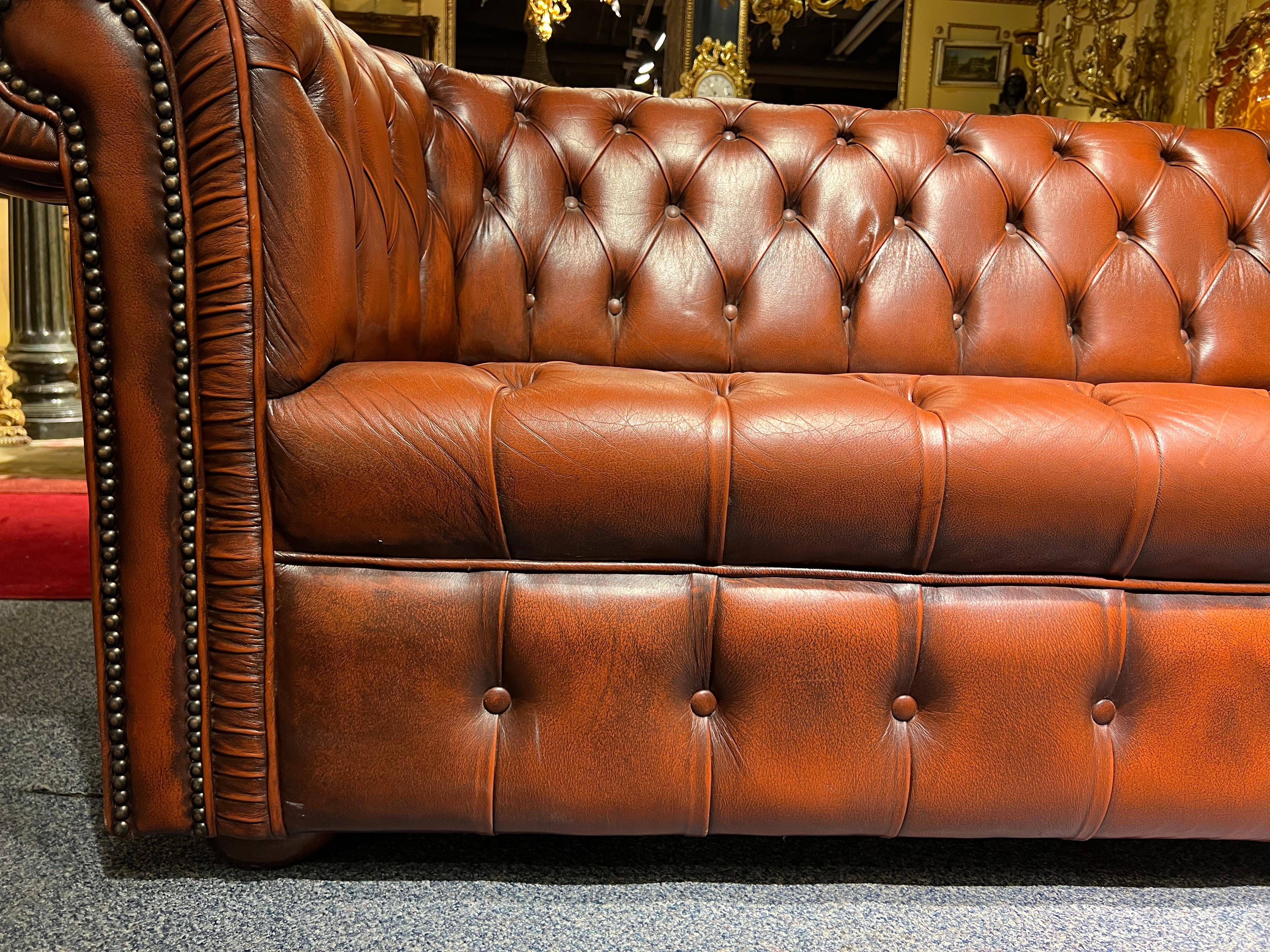 Big Vintage 20th Century Brown Leather Chesterfield Sofa with Button Down Seat 1