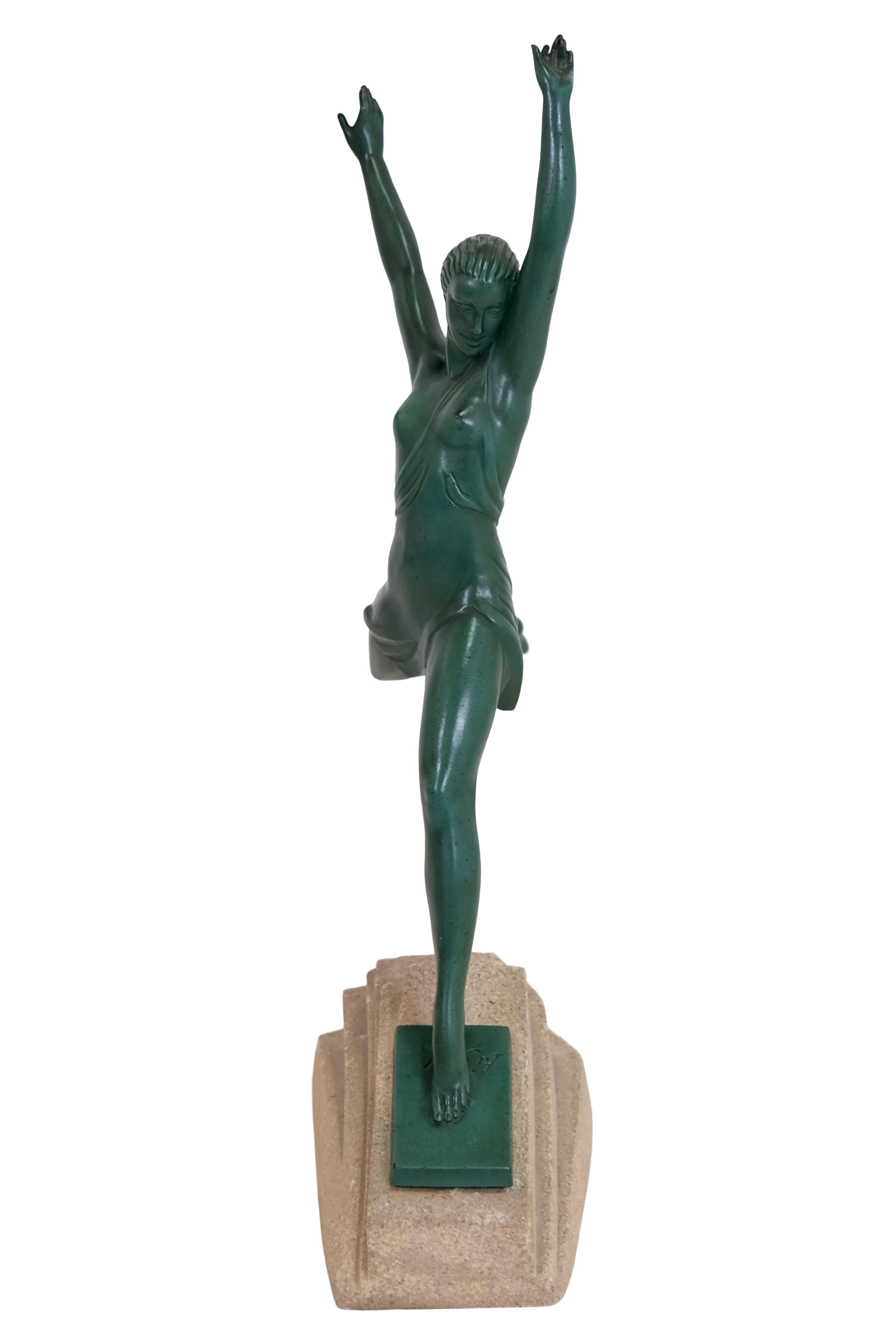 Patinated Big Vintage Art Deco Sculpture Olympia by Pierre Le Faguays for Max Le Verrier For Sale