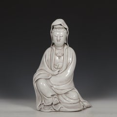 Big Vintage Chinese White Glazing Sitting Guan Yin Buddha Statue