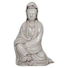 Big Vintage Chinese White Glazing Sitting Guan Yin Buddha Statue