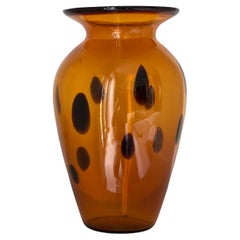 Big Vintage Vase in Orange Blown Glass with Brown Decorative Spots