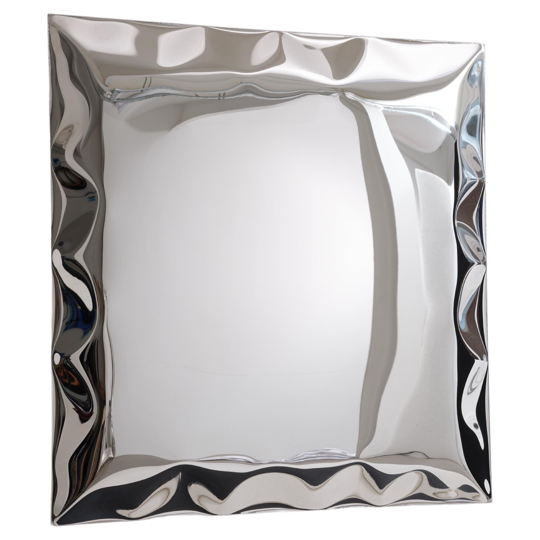 'Big Wave' inflated metal square mirror, stainless steel