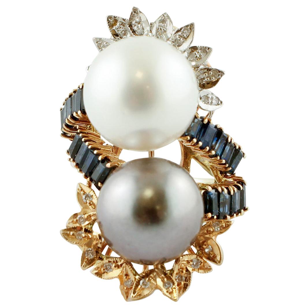 Big White and Grey Pearls Diamonds Sapphires, 14Kt White, Rose, Yellow Gold Ring