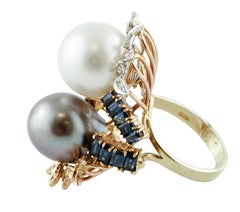 Big White and Grey Pearls Diamonds Sapphires, 14Kt White, Rose, Yellow Gold Ring