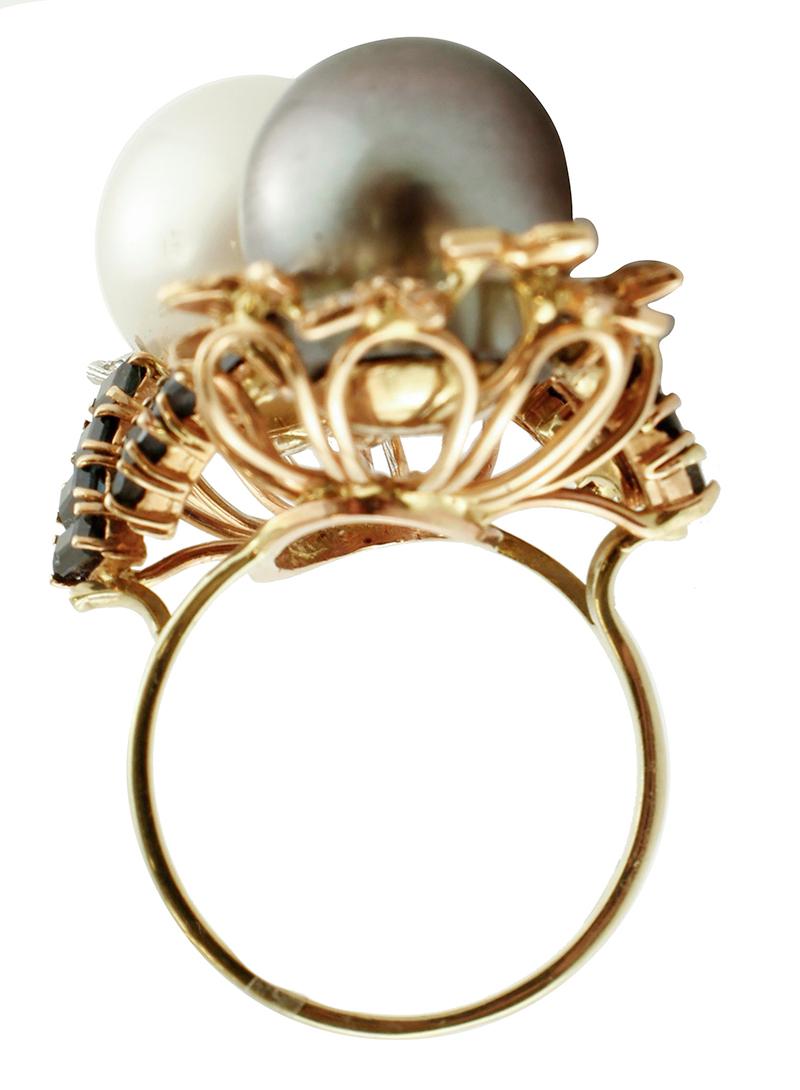 Retro Big White and Grey Pearls Diamonds Sapphires, 14Kt White, Rose, Yellow Gold Ring For Sale