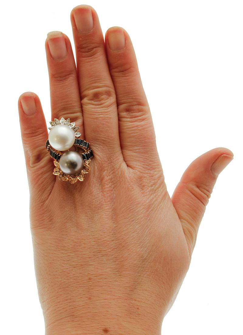 Rose Cut Big White and Grey Pearls Diamonds Sapphires, 14Kt White, Rose, Yellow Gold Ring For Sale