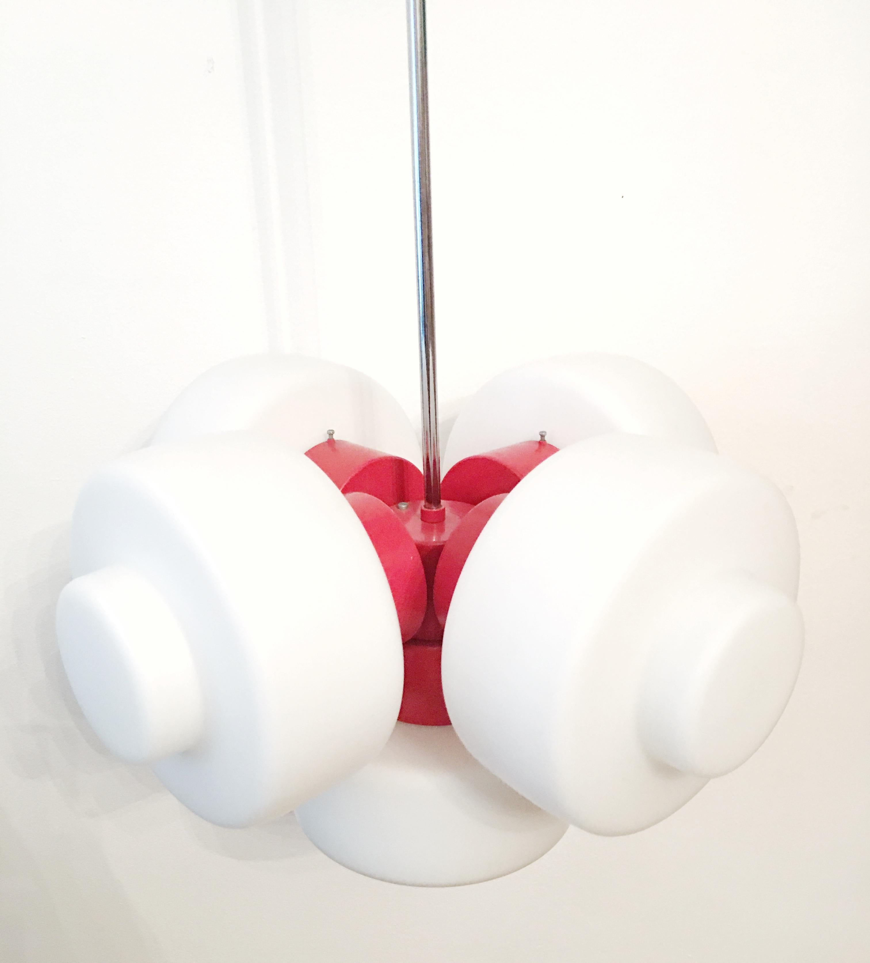 Mid-Century Modern Big White and Red Chandelier from Napako, 1970s For Sale