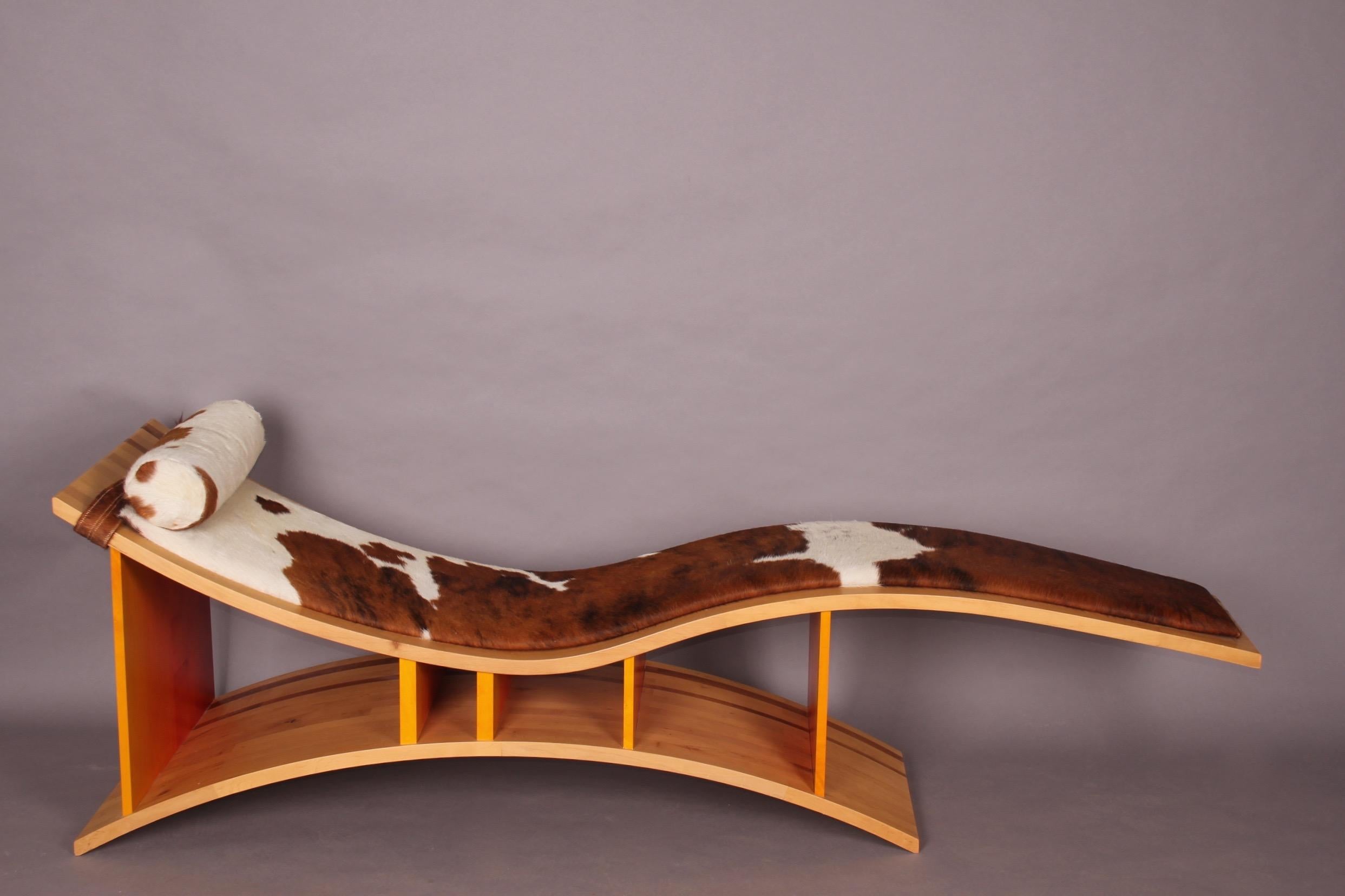 European Big Wood and Cowhide Seat Chaise Longue