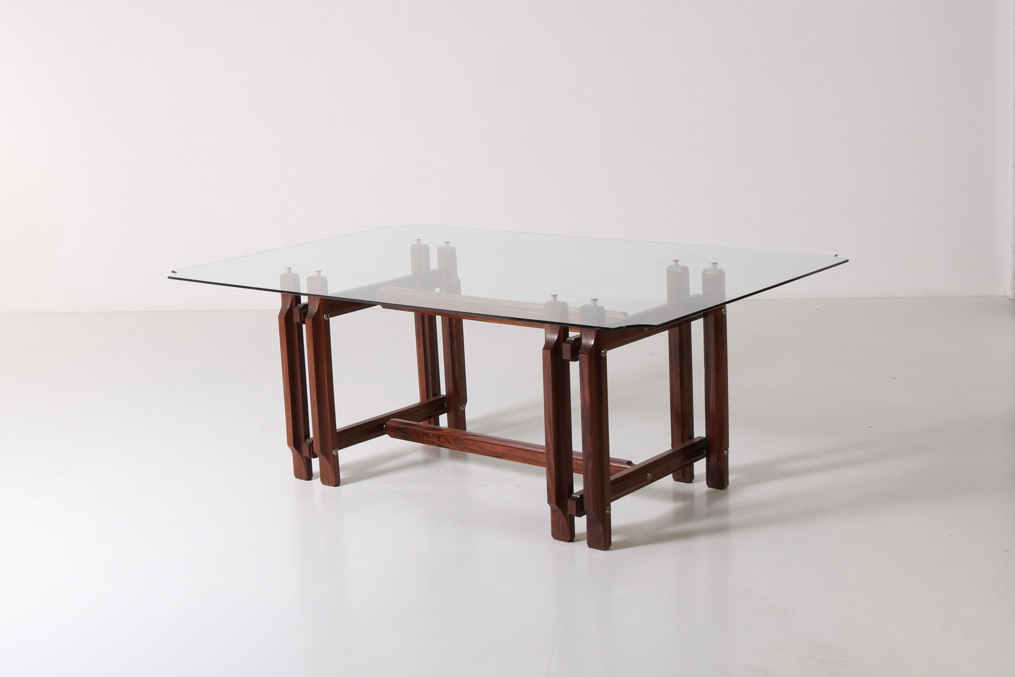 Big Wood Table Crystal Tempered Top by Vittorio Dassi, Italian Design 1960s In Good Condition For Sale In Milan, IT