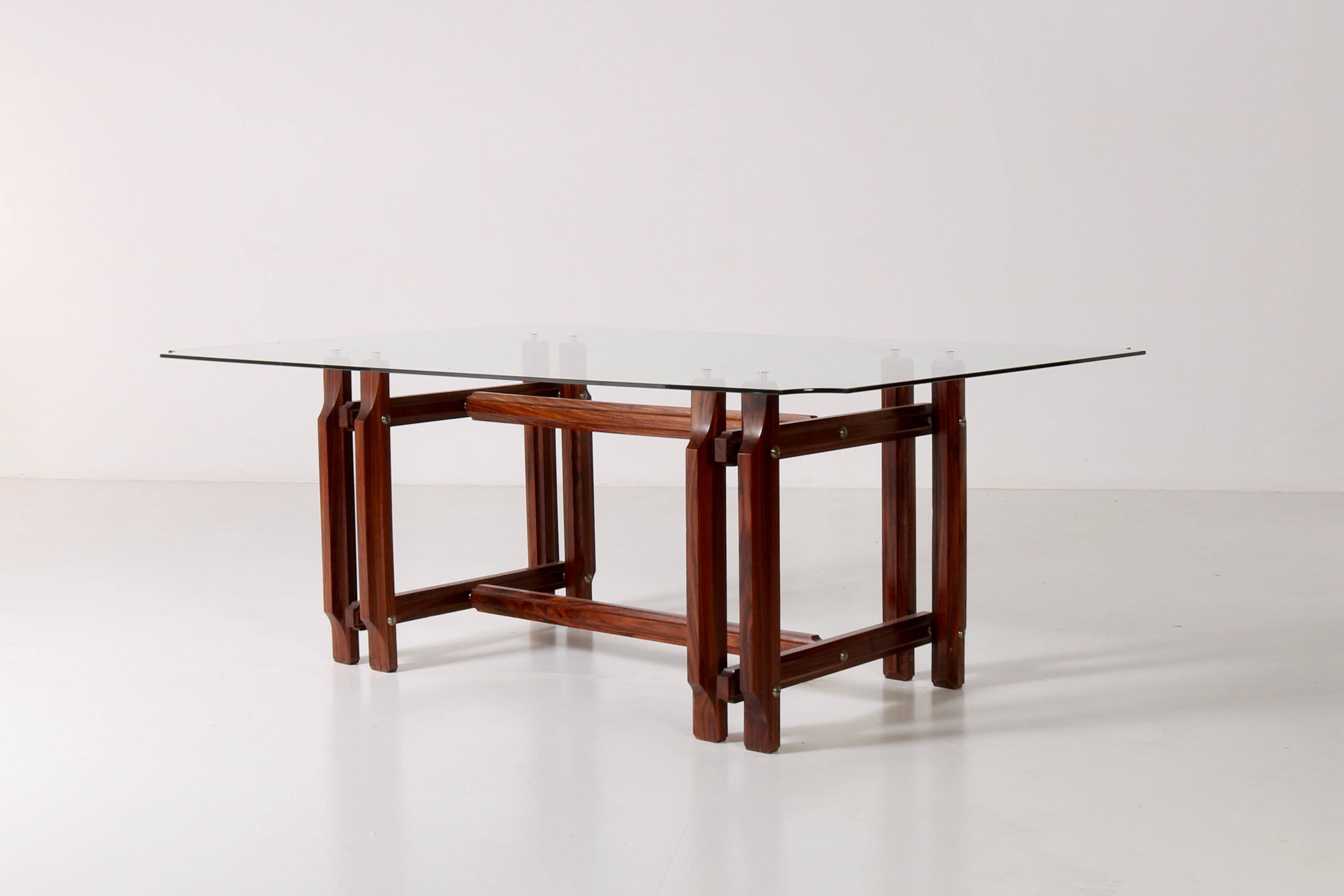 Mid-20th Century Big Wood Table Crystal Tempered Top by Vittorio Dassi, Italian Design 1960s For Sale