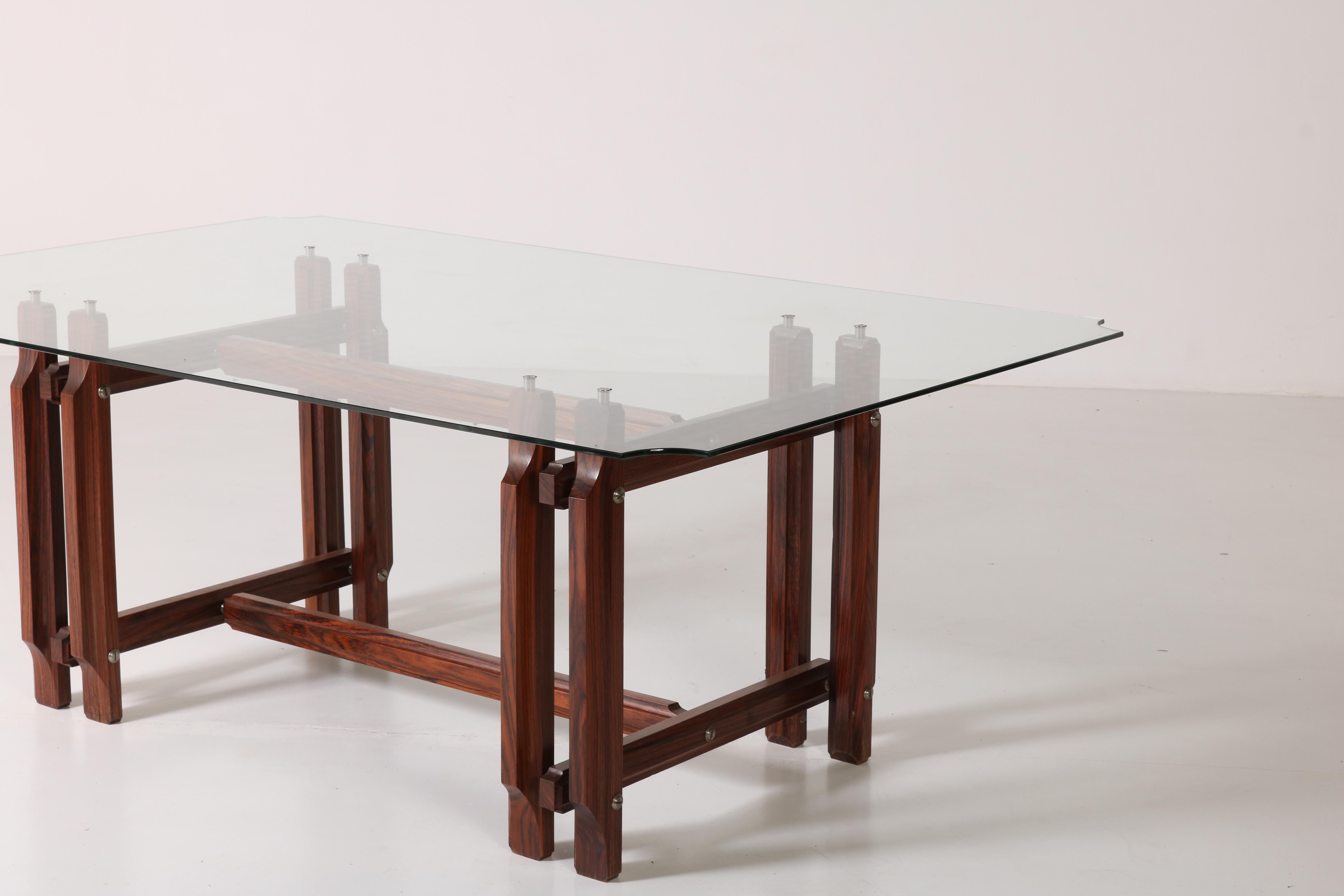 Big Wood Table Crystal Tempered Top by Vittorio Dassi, Italian Design 1960s For Sale 3
