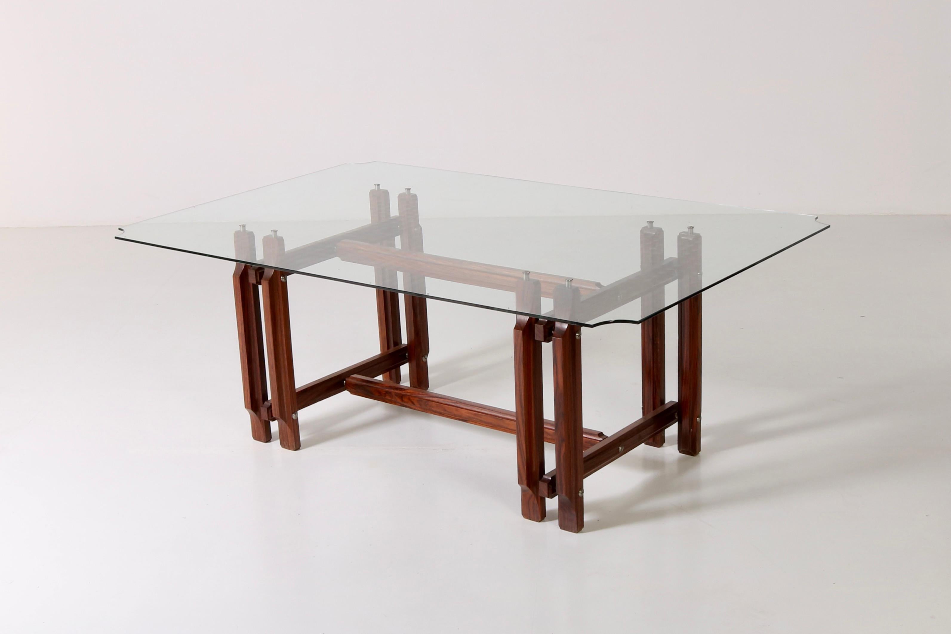 Big Wood Table Crystal Tempered Top by Vittorio Dassi, Italian Design 1960s For Sale 4