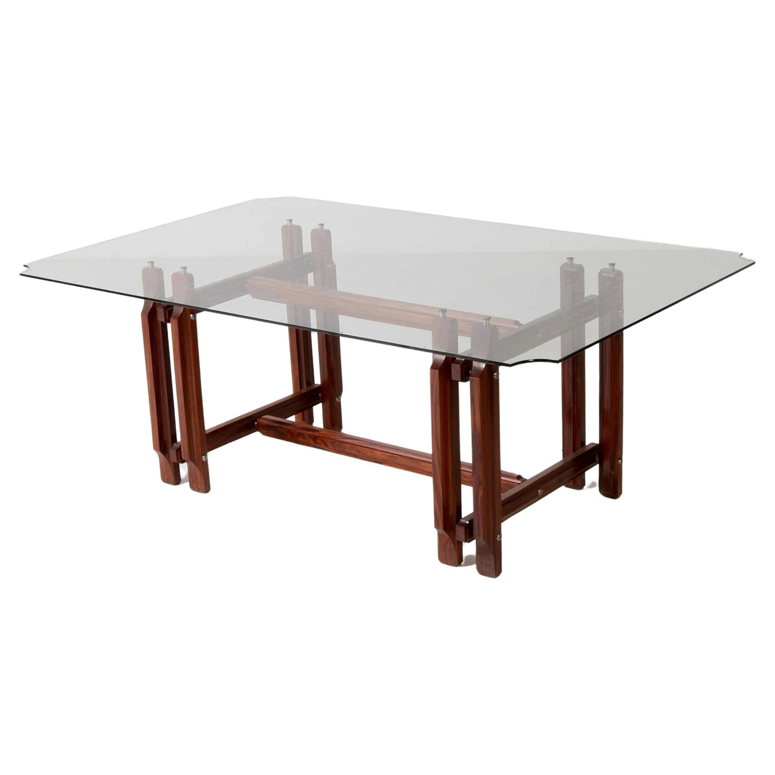 Big Wood Table Crystal Tempered Top by Vittorio Dassi, Italian Design 1960s