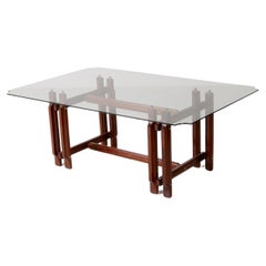 Grande table en bois avec plateau en cristal trempé Vittorio Dassi, design italien des années 1960