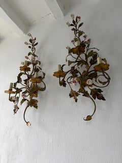 Big Wrought Iron Sconces 3 Lights Roses in Pink & White, c 1900