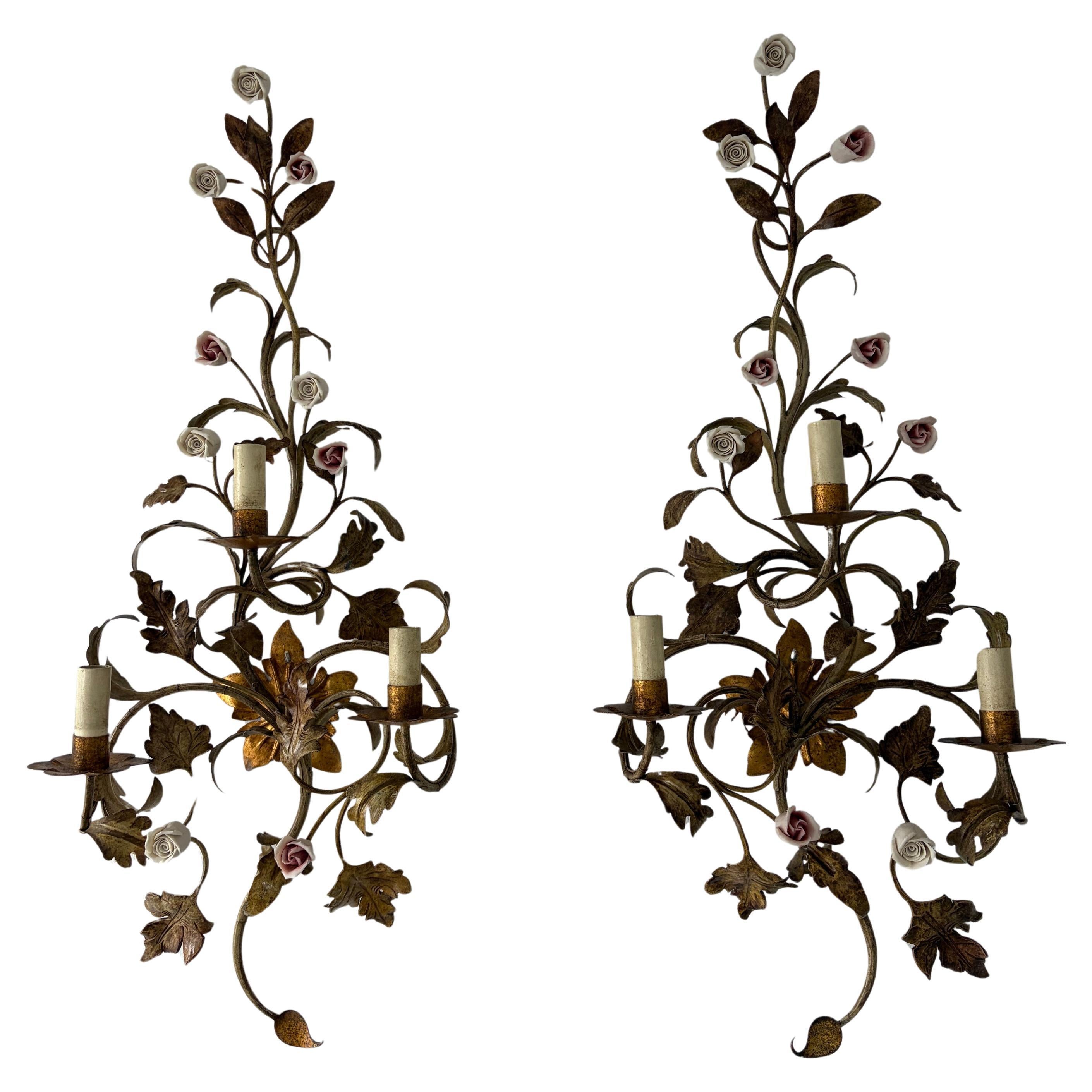 Big Wrought Iron Sconces 3 Lights Roses in Pink & White, c 1900
