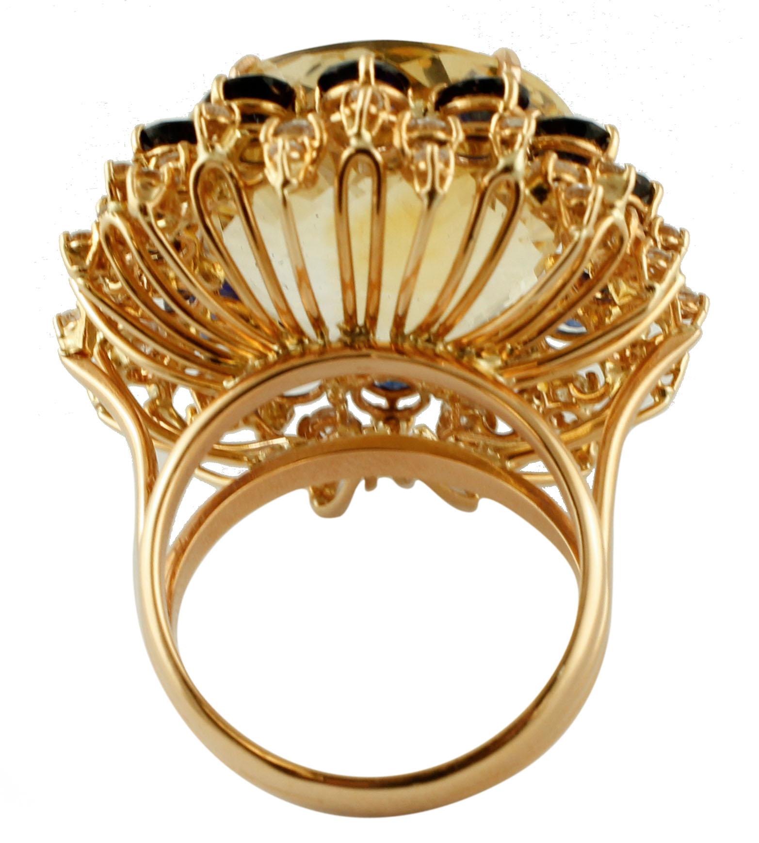 Rétro Bague vintage en or rose 18 carats, diamants et saphirs bleus en vente