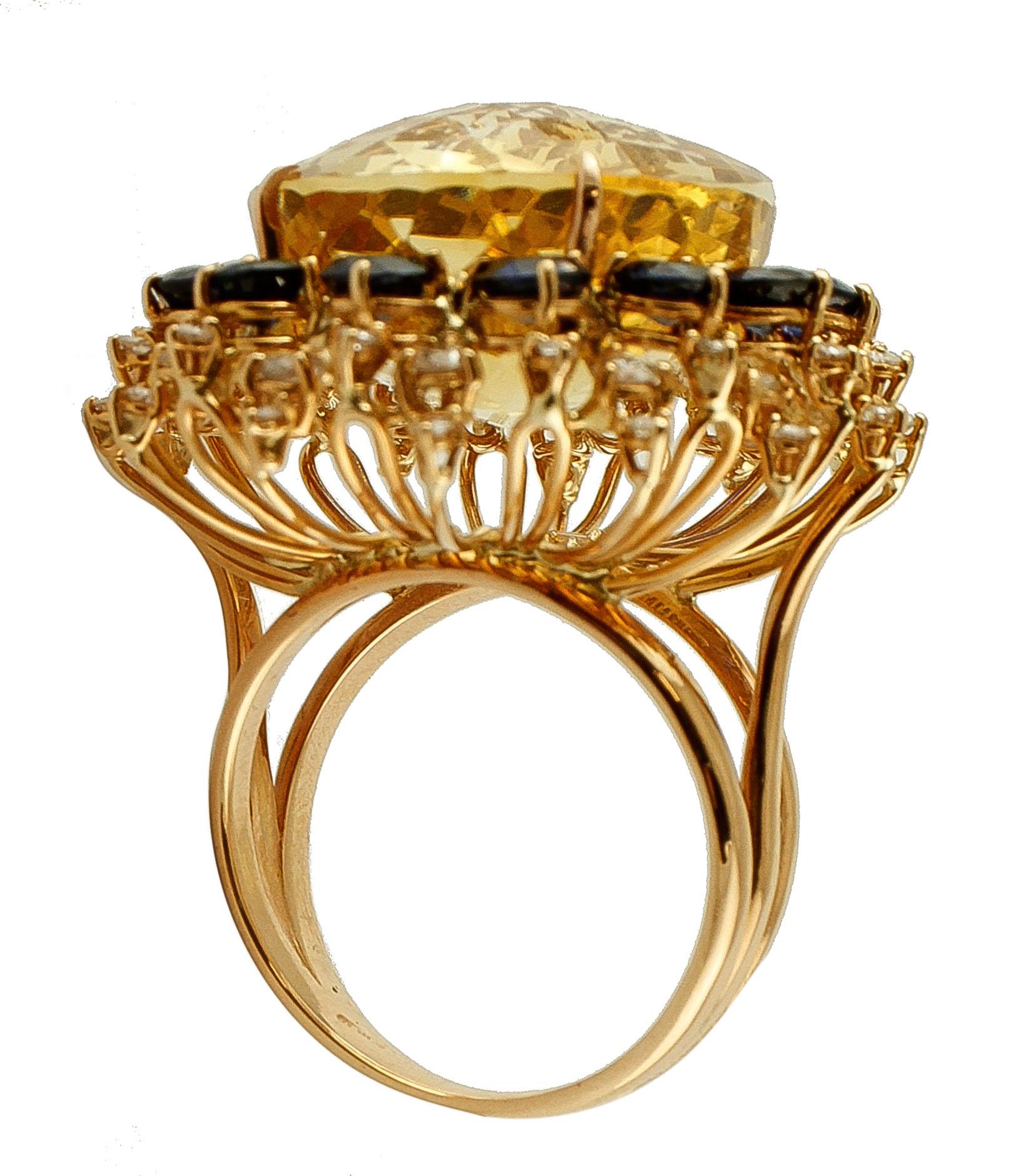 Taille ronde Bague vintage en or rose 18 carats, diamants et saphirs bleus en vente