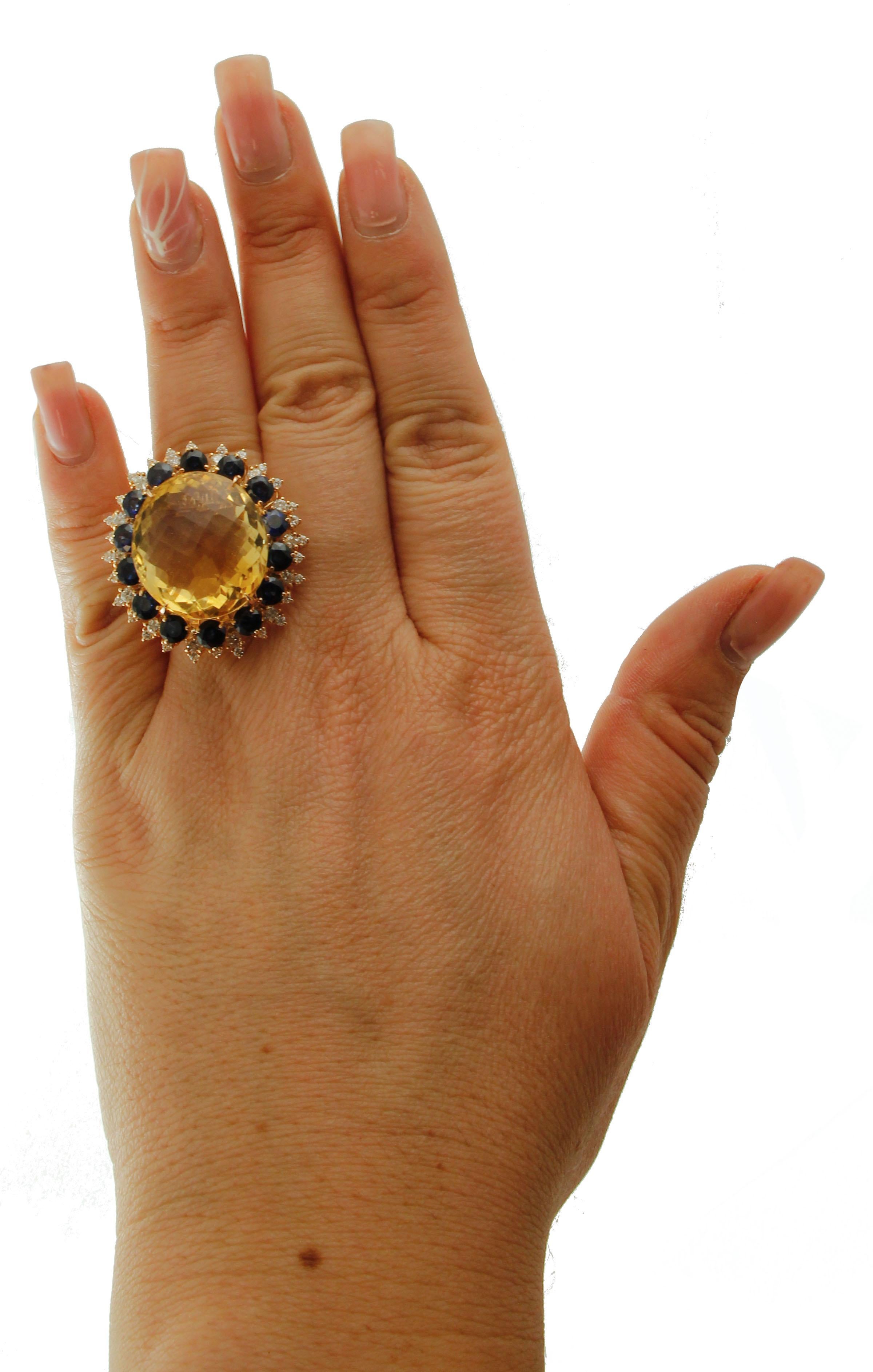 Retro Big Yellow Topaz, Diamonds, Blue Sapphires, 18 Karat Rose Gold Vintage Ring For Sale