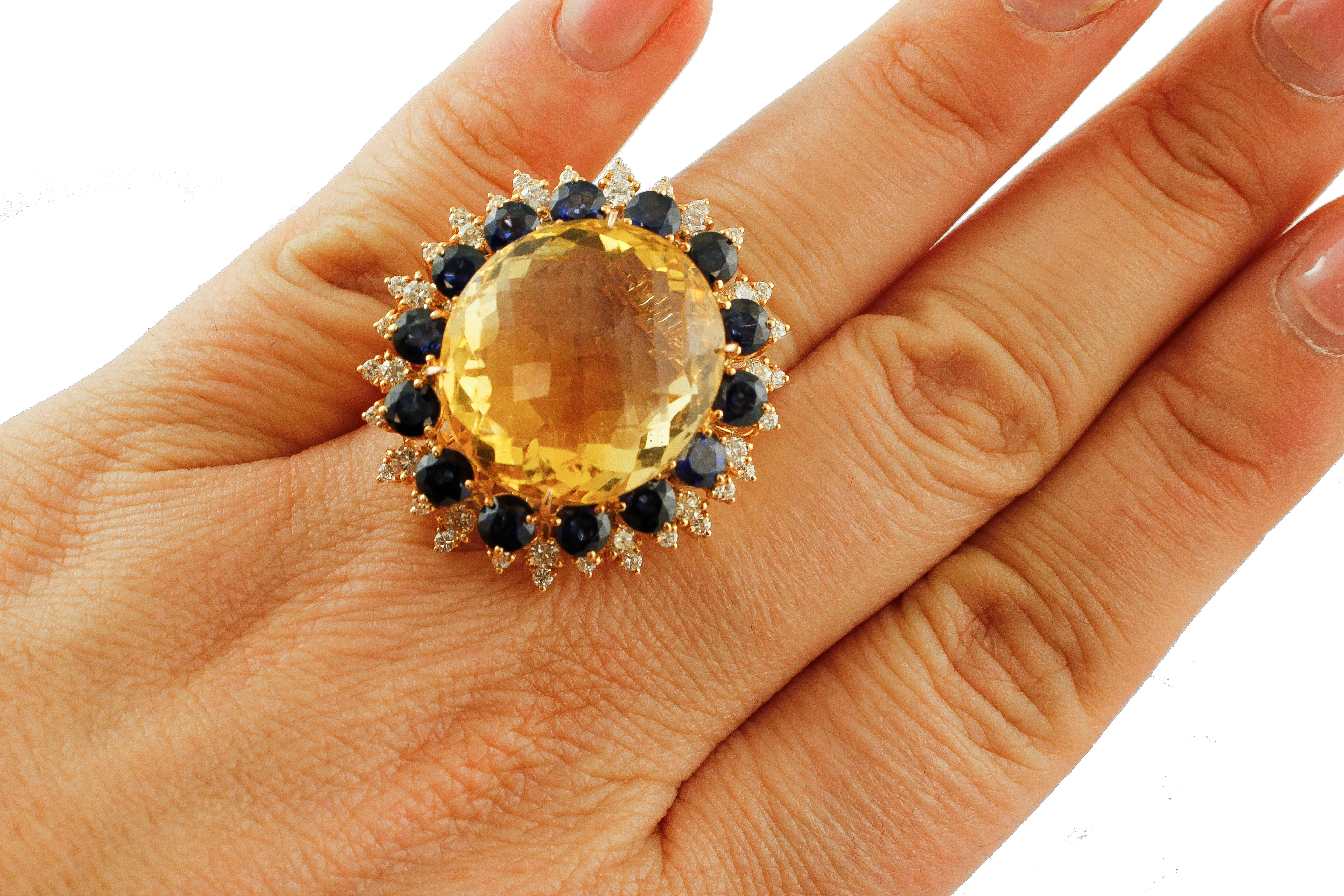 Round Cut Big Yellow Topaz, Diamonds, Blue Sapphires, 18 Karat Rose Gold Vintage Ring For Sale