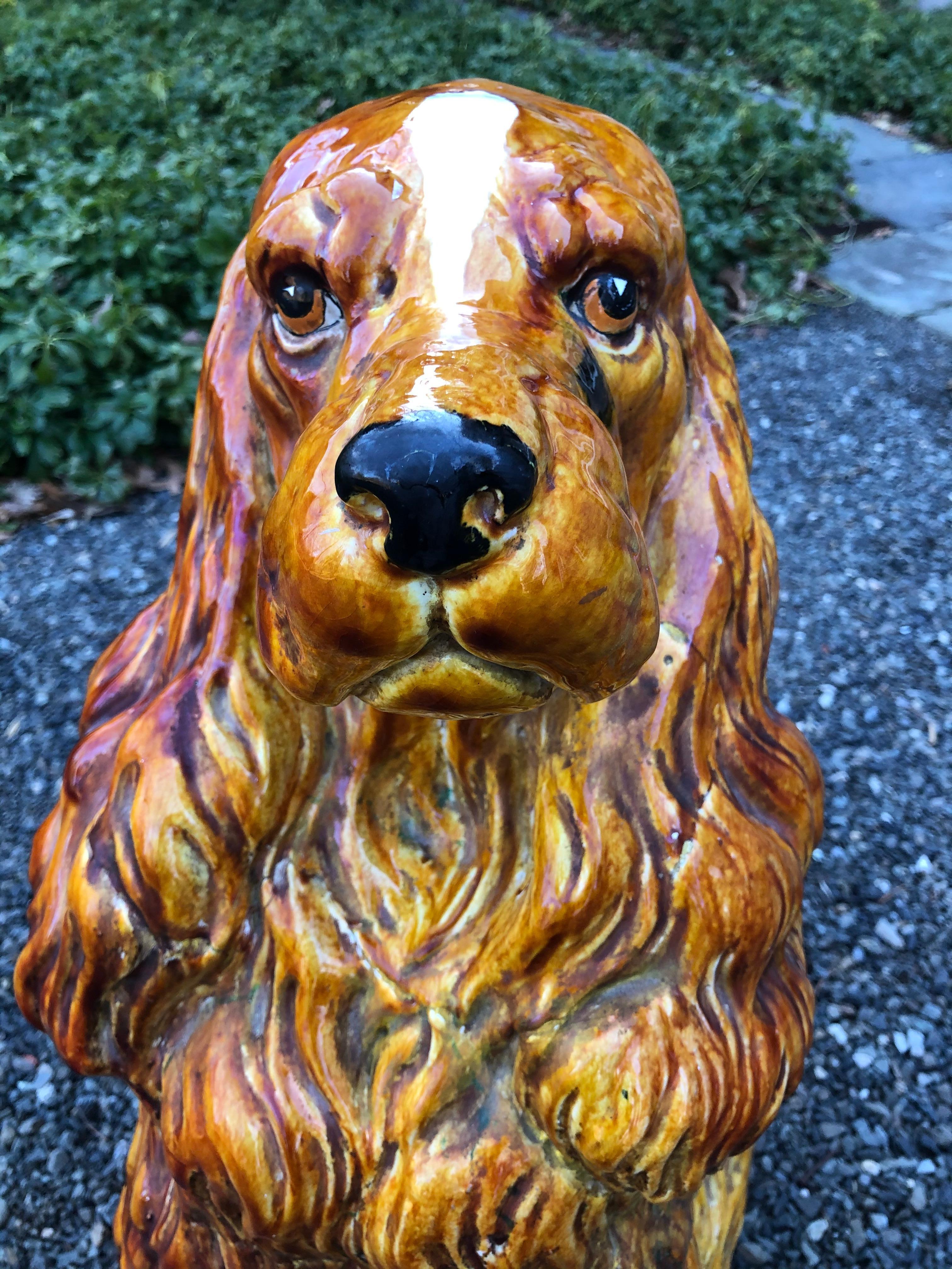 Bigger than life-size charming ceramic statuette of an English cocker spaniel. Known as liver color, this dog has a white star on its head. It’s coat is very realistic and it’s expression priceless. Very heavy.