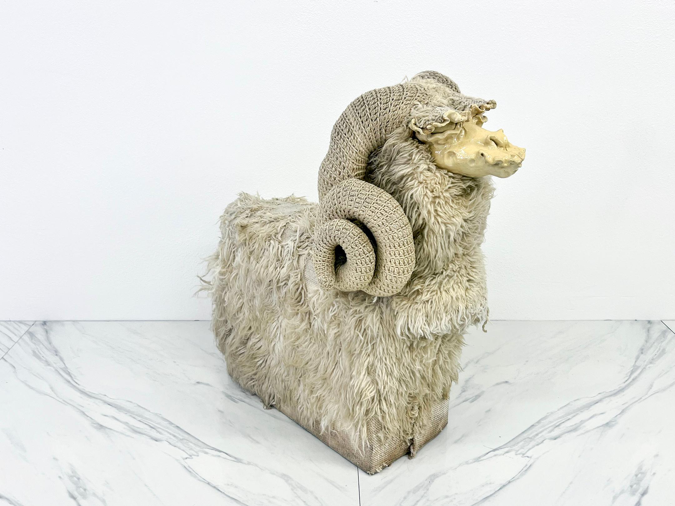 Glazed Bighorn Sheep Sculpture Bench by Edna Cataldo For Sale