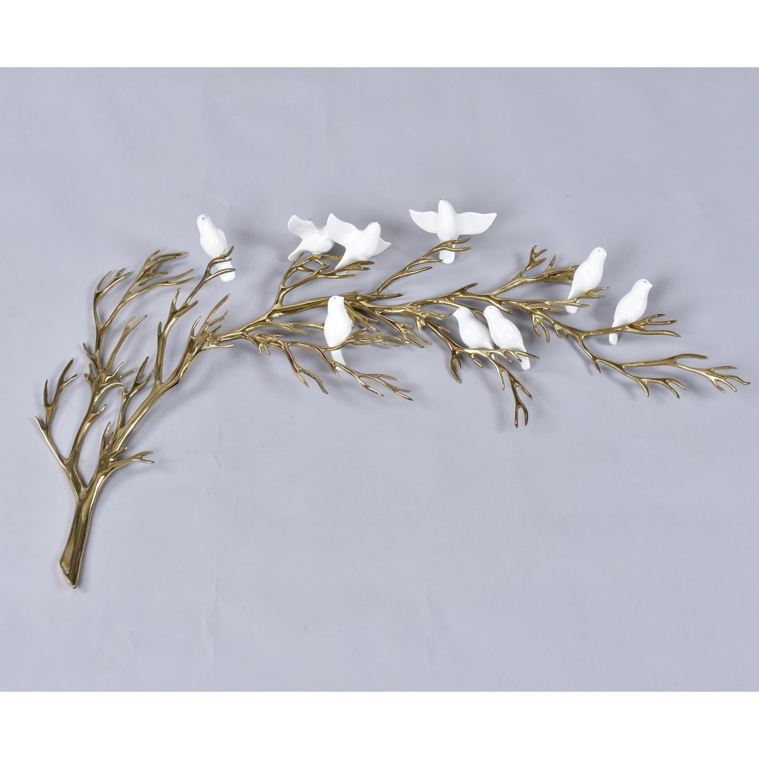 Bijan 1980 Gold Brass Tree Branch Wall Sculpture with Porcelain White Birds 4
