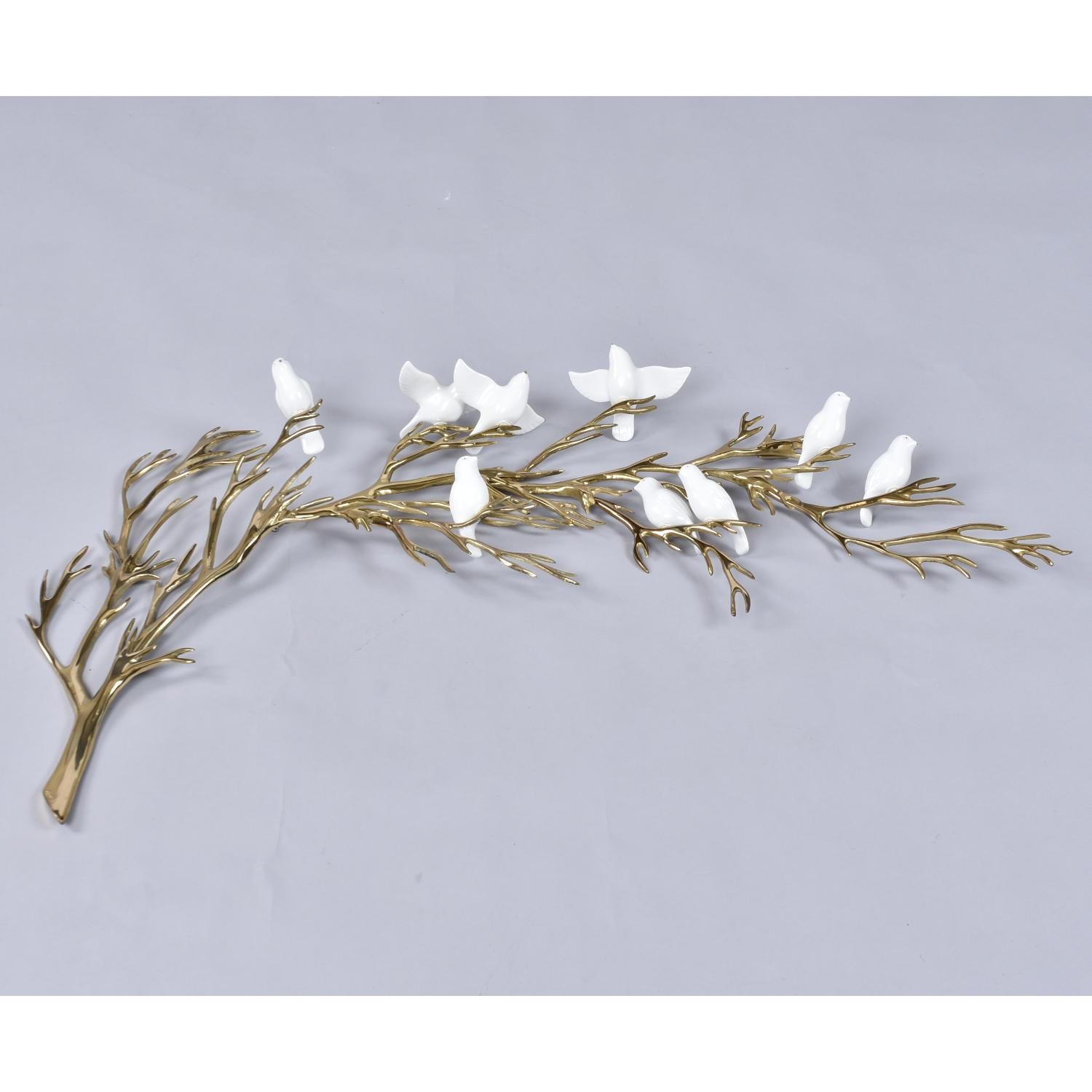 Organic Modern Bijan 1980 Gold Brass Tree Branch Wall Sculpture with Porcelain White Birds