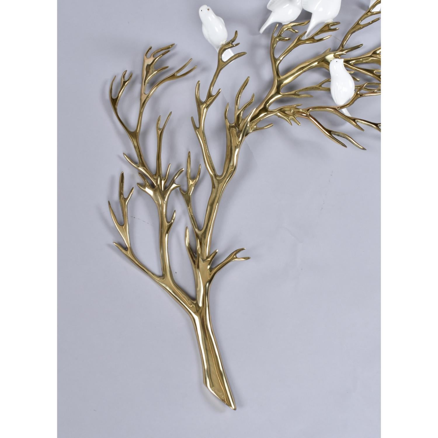American Bijan 1980 Gold Brass Tree Branch Wall Sculpture with Porcelain White Birds
